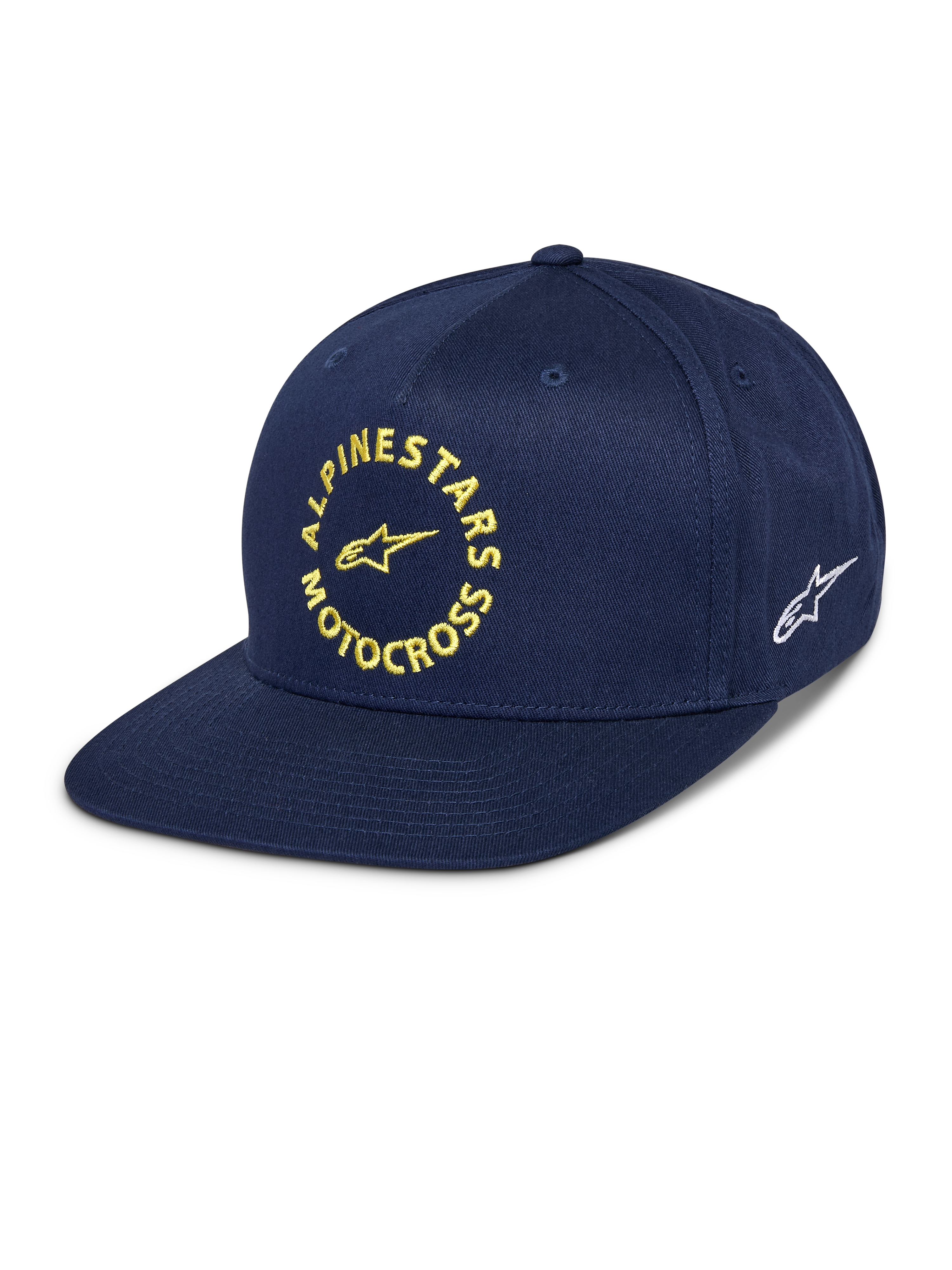Alpinestars MX Snapback-keps, marinblå, platt skärm med strukturerad krona, gul broderad Alpinestars Motocross-grafik på framsidan, vit Astars-logotyp på sidan, bomullstwill, klassisk motorsport-huvudbonad