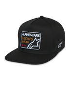 Alpinestars Intuitive Snapback-keps, svart, platt skärm med strukturerad krona, broderat märke fram med 'Alpinestars Racing Ahead' och logotyp, vit Astars-logotyp på sidan, vardaglig huvudbonad i twill