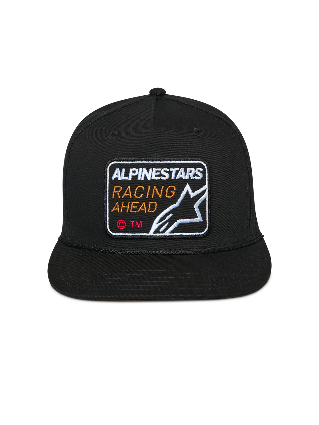 Alpinestars Intuitive Snapback-keps, svart, broderat "Alpinestars Racing Ahead"-märke fram, platt skärm med strukturerad krona, vardaglig motorsport-huvudbonad
