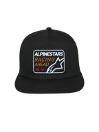 Alpinestars Intuitive Snapback-keps, svart, broderat "Alpinestars Racing Ahead"-märke fram, platt skärm med strukturerad krona, vardaglig motorsport-huvudbonad
