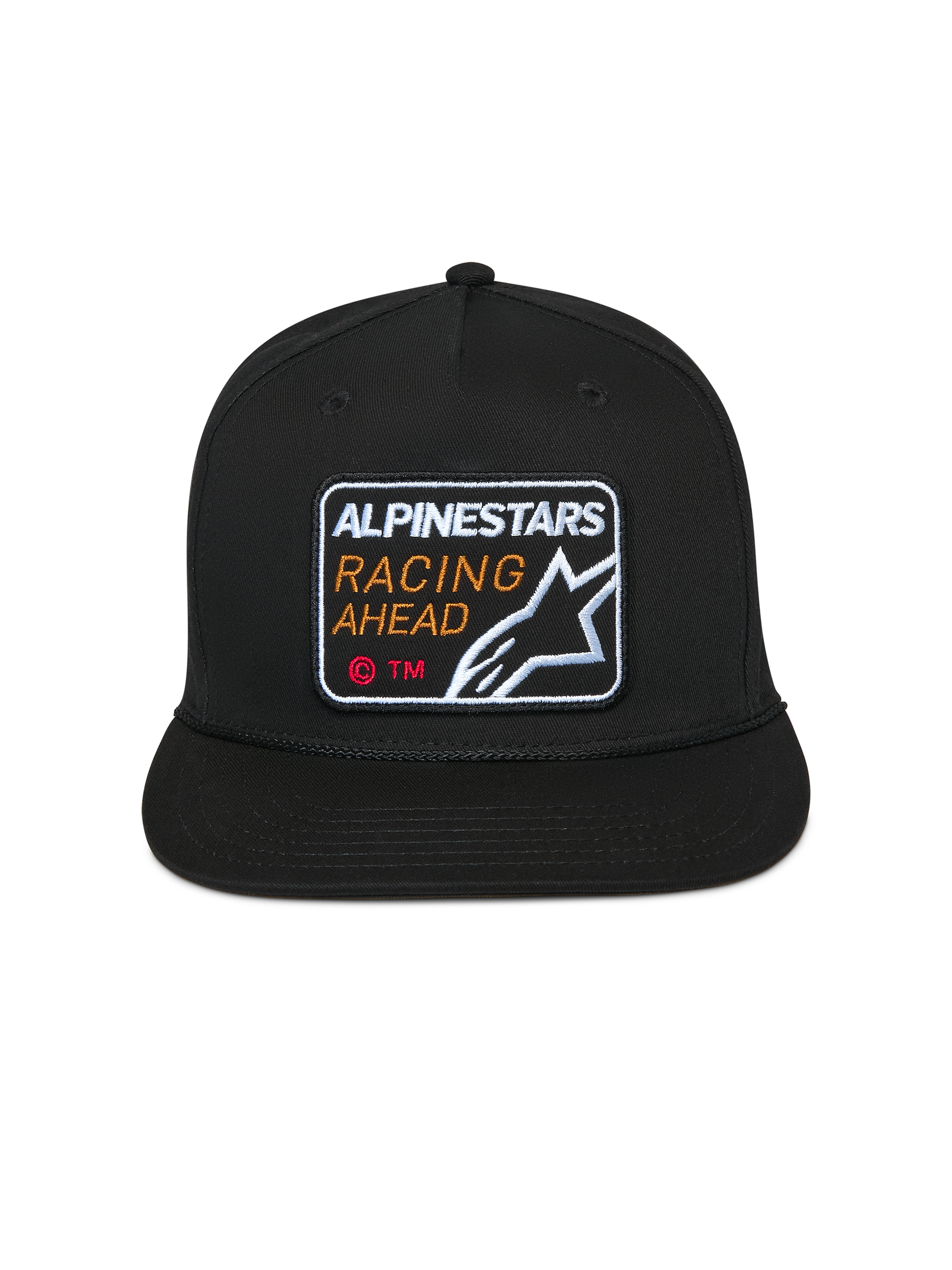Alpinestars Intuitive Snapback-keps, svart, broderat "Alpinestars Racing Ahead"-märke fram, platt skärm med strukturerad krona, vardaglig motorsport-huvudbonad