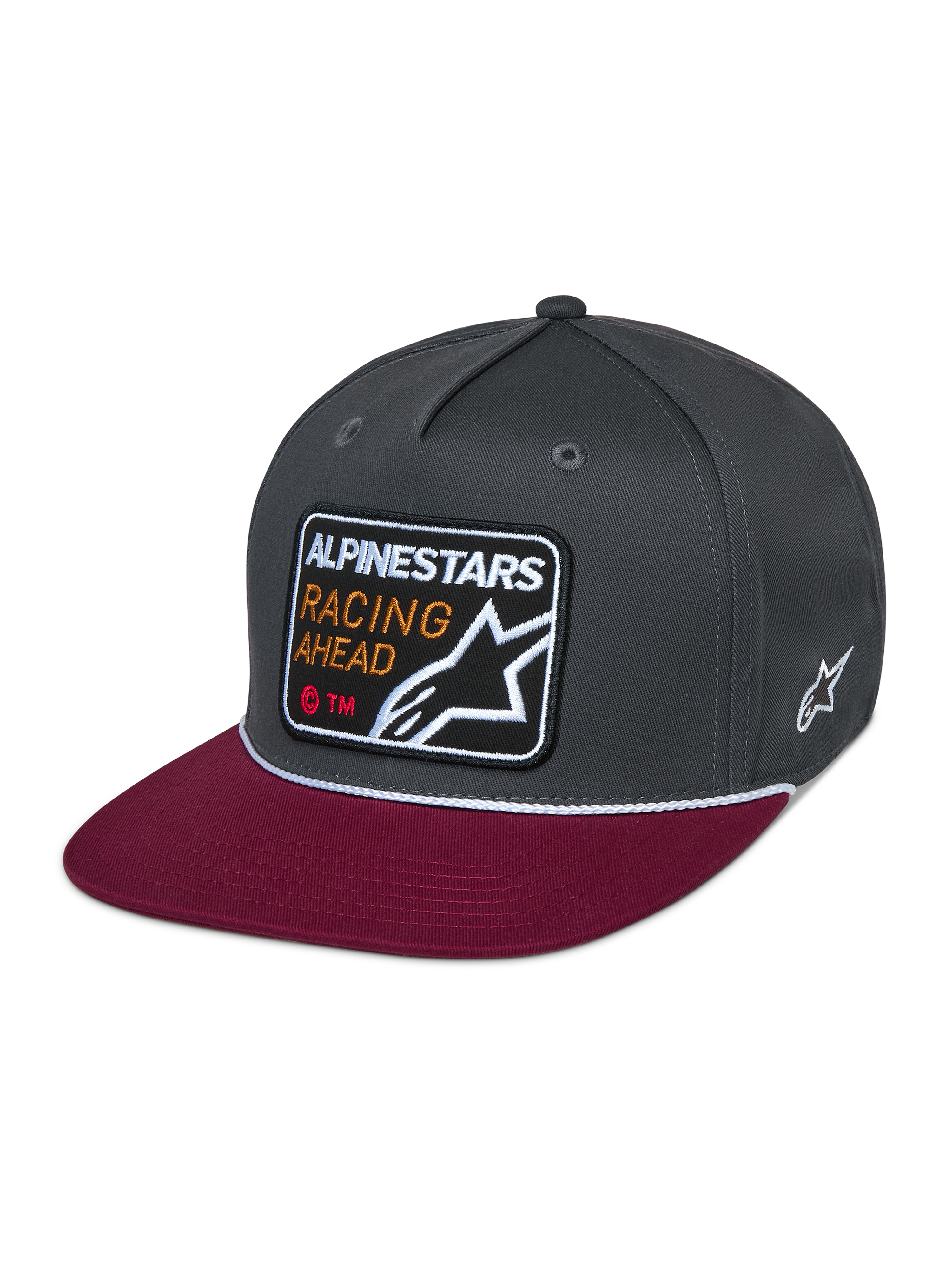 Alpinestars Intuitive Snapback Hat, casual motorsport headwear, dark grey structured crown with red flat bill, white rope detail, front embroidered patch featuring 'ALPINESTARS RACING AHEAD' and star logo, side white star embroidery