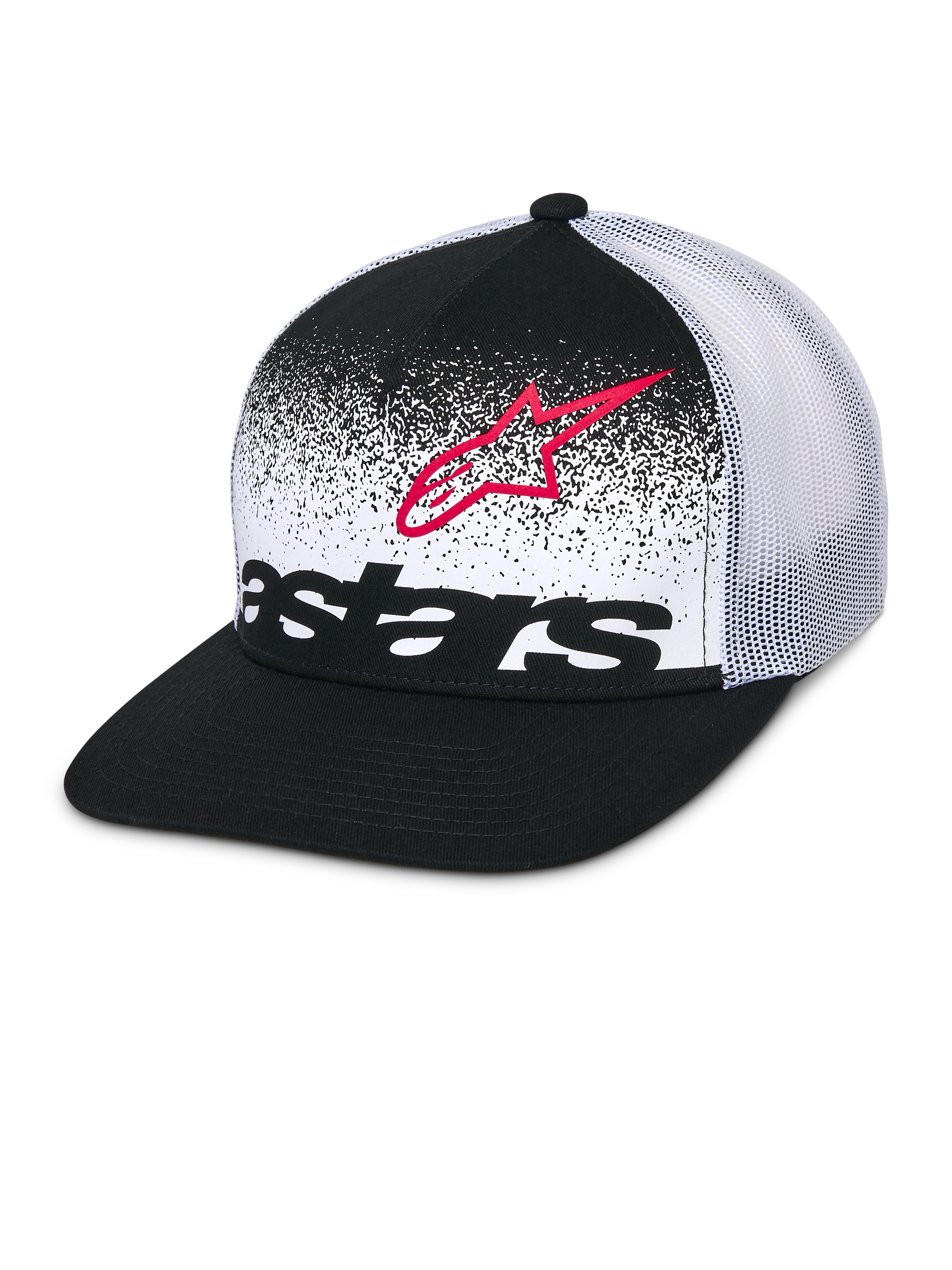 Alpinestars Component Trucker keps, svart och vit, platt skärm med strukturerad krona, ventilerande vitt nättyg bak, frontpanel med röd Astars-logotypkontur och svart ordmärke med MX-övergångsdesign, avslappnad motorsport-huvudbonad