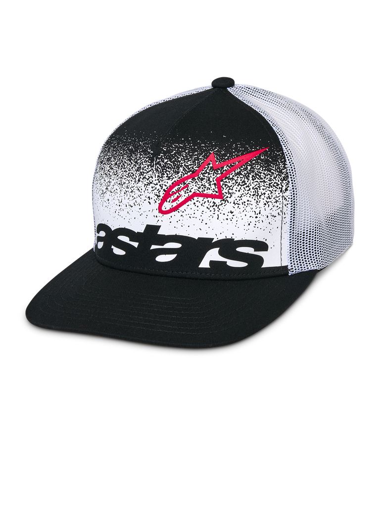 Alpinestars Component Trucker keps, svart och vit, platt skärm med strukturerad krona, ventilerande vitt nättyg bak, frontpanel med röd Astars-logotypkontur och svart ordmärke med MX-övergångsdesign, avslappnad motorsport-huvudbonad