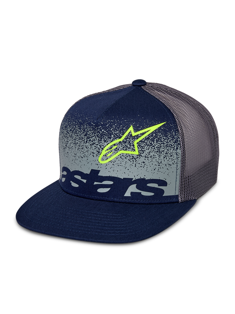 Alpinestars Component Trucker keps, mörkblå och grå, platt skärm med strukturerad krona, grå mesh baktill, limegrön Astars-logotypkontur och mörkblått ordmärke över en grå spräcklig frampanel med MX-gradering