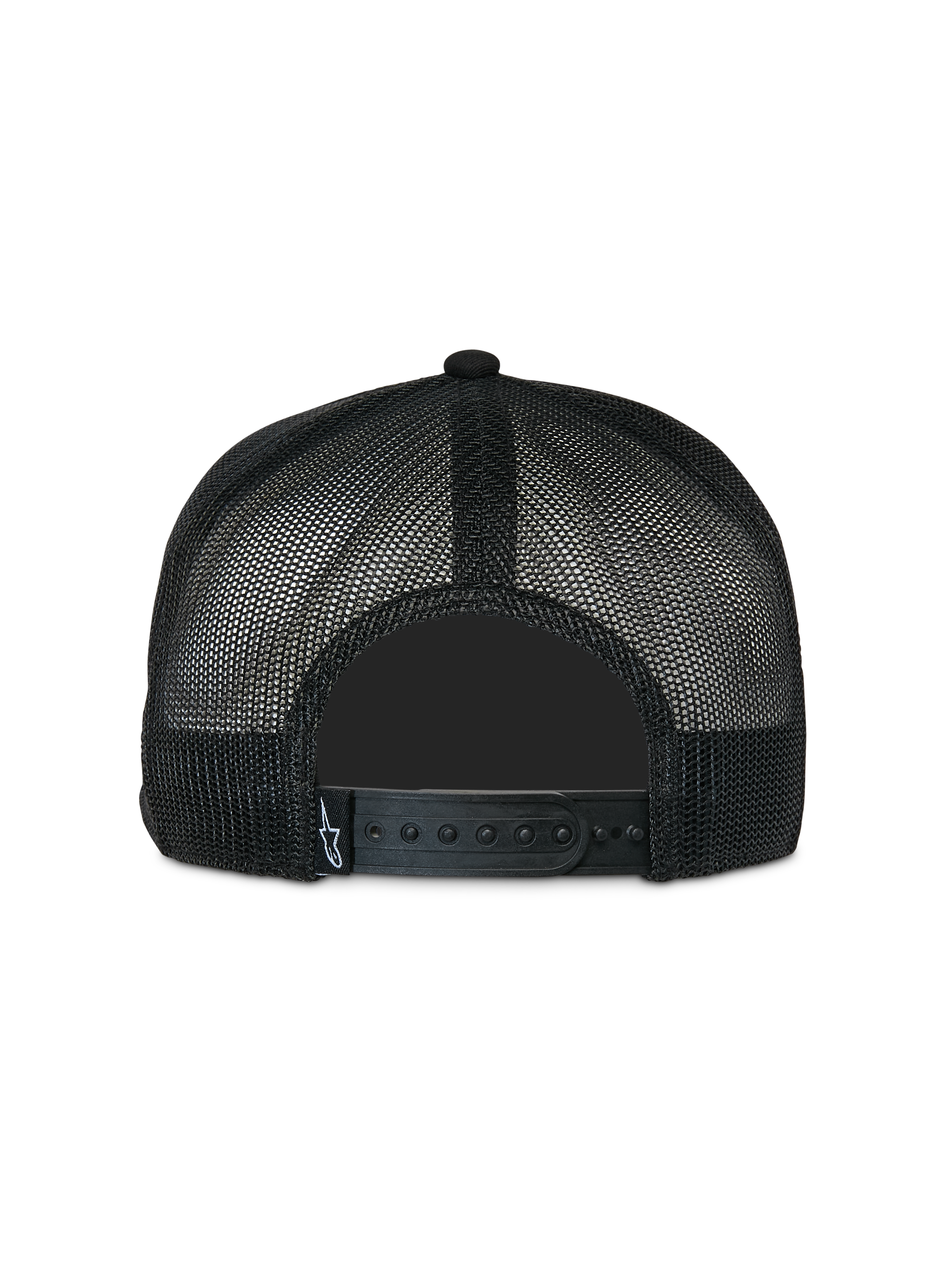 Alpinestars Contender Trucker keps, svart, vy bakifrån med polymesh-tyg och justerbar snapback-stängning, liten vit Astars-logotypetikett, vardaglig motorsportinspirerad huvudbonad
