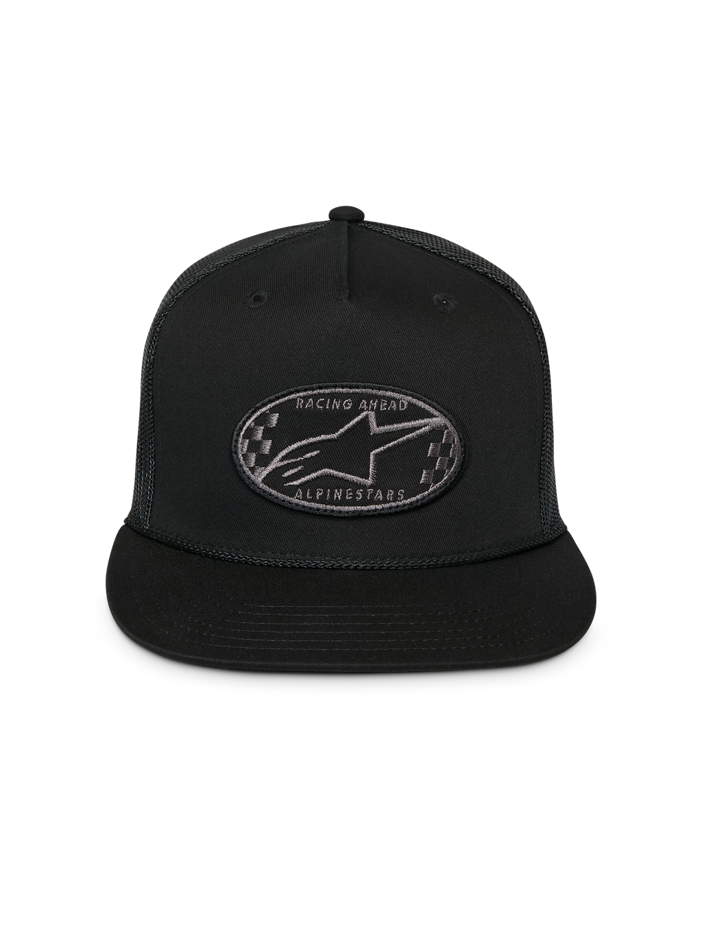 Alpinestars Contender Trucker-keps, svart, strukturerad snapback med platt skärm, oval broderad patch med Astars-logotyp och schackrutor fram, mesh-baksida, avslappnad sportswear-huvudbonad