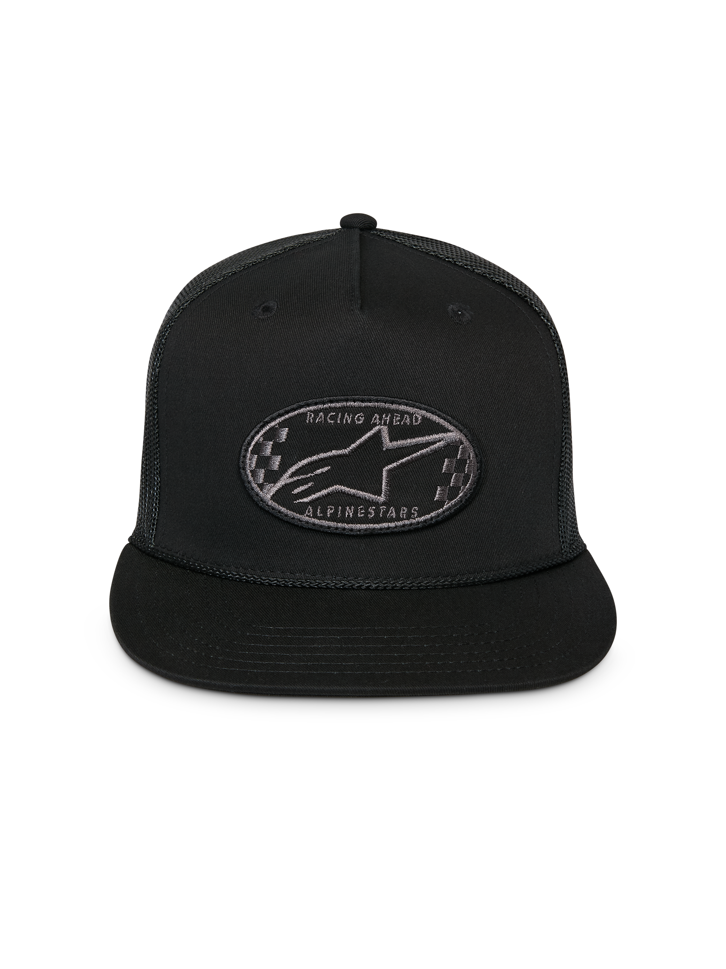 Alpinestars Contender Trucker-keps, svart, strukturerad snapback med platt skärm, oval broderad patch med Astars-logotyp och schackrutor fram, mesh-baksida, avslappnad sportswear-huvudbonad