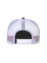 Alpinestars Contender Trucker Hat, Red and White, Back View, white mesh panels with adjustable snapback closure, small black logo label, casual sportswear hat