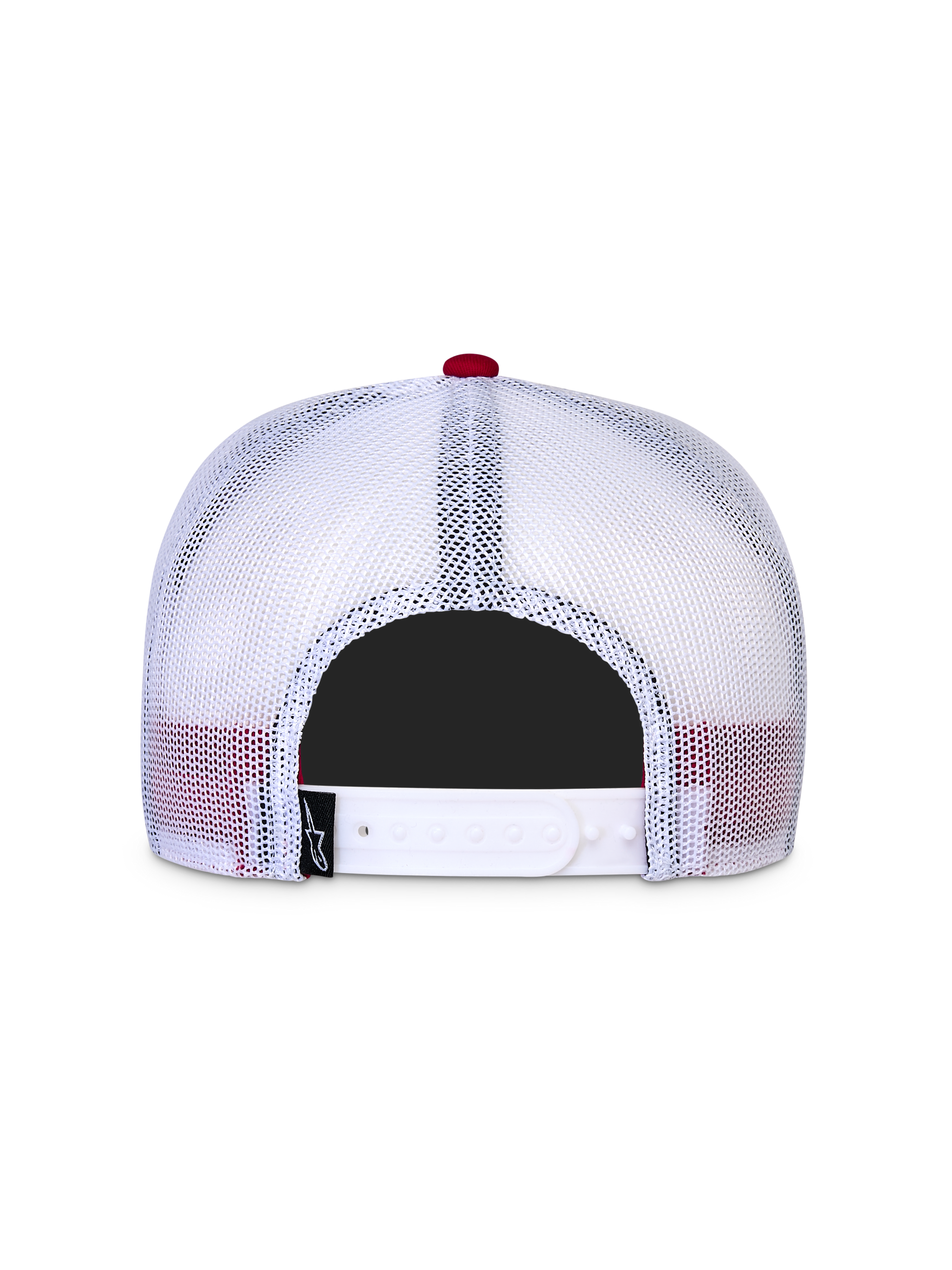 Alpinestars Contender Trucker Hat, Red and White, Back View, white mesh panels with adjustable snapback closure, small black logo label, casual sportswear hat