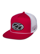 Alpinestars Contender Trucker Hat, Red and White, Flat bill snapback featuring a front oval checkered Astars embroidery patch, white poly mesh back, casual motorsport streetwear