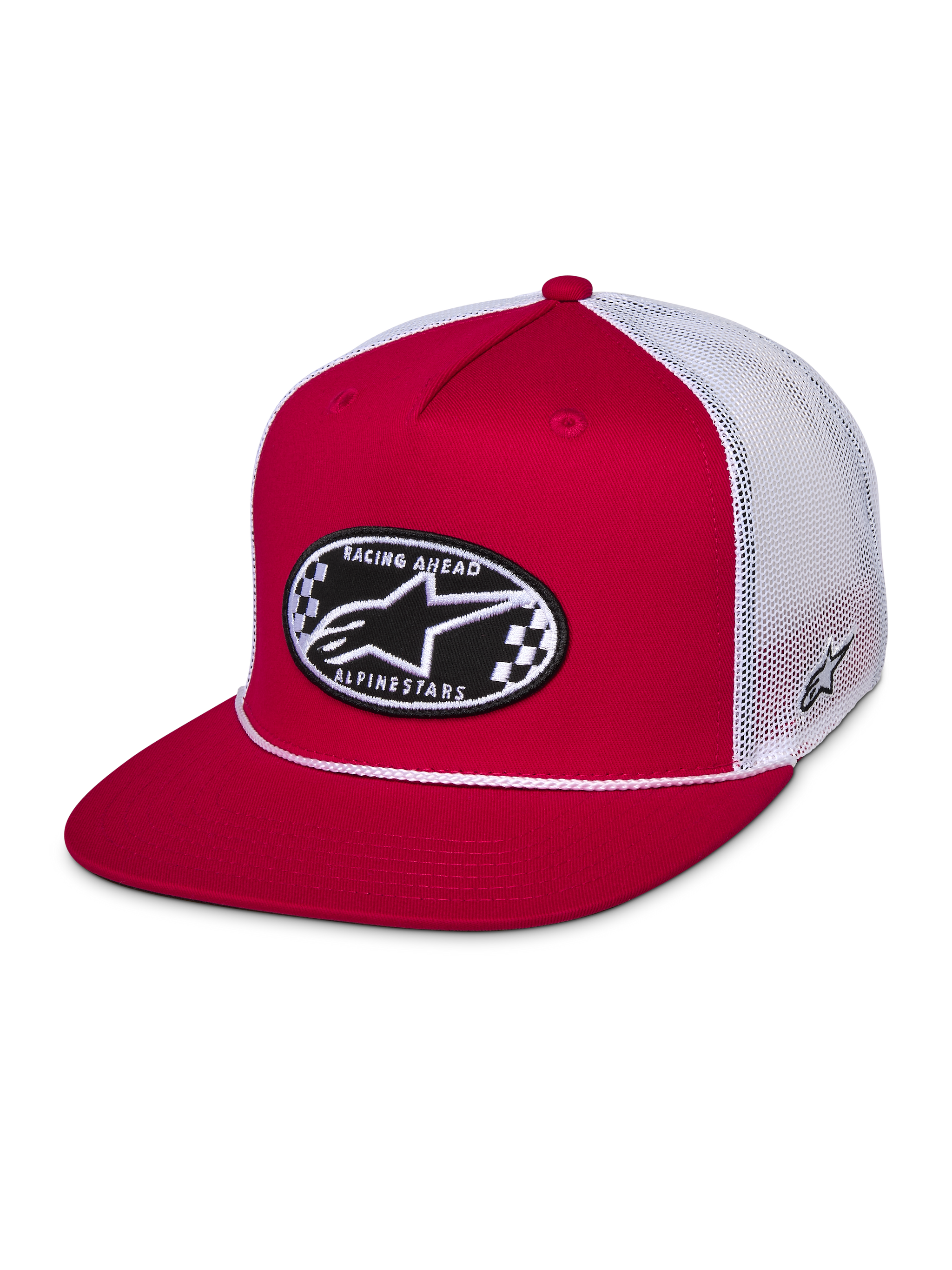 Alpinestars Contender Trucker Hat, Red and White, Flat bill snapback featuring a front oval checkered Astars embroidery patch, white poly mesh back, casual motorsport streetwear