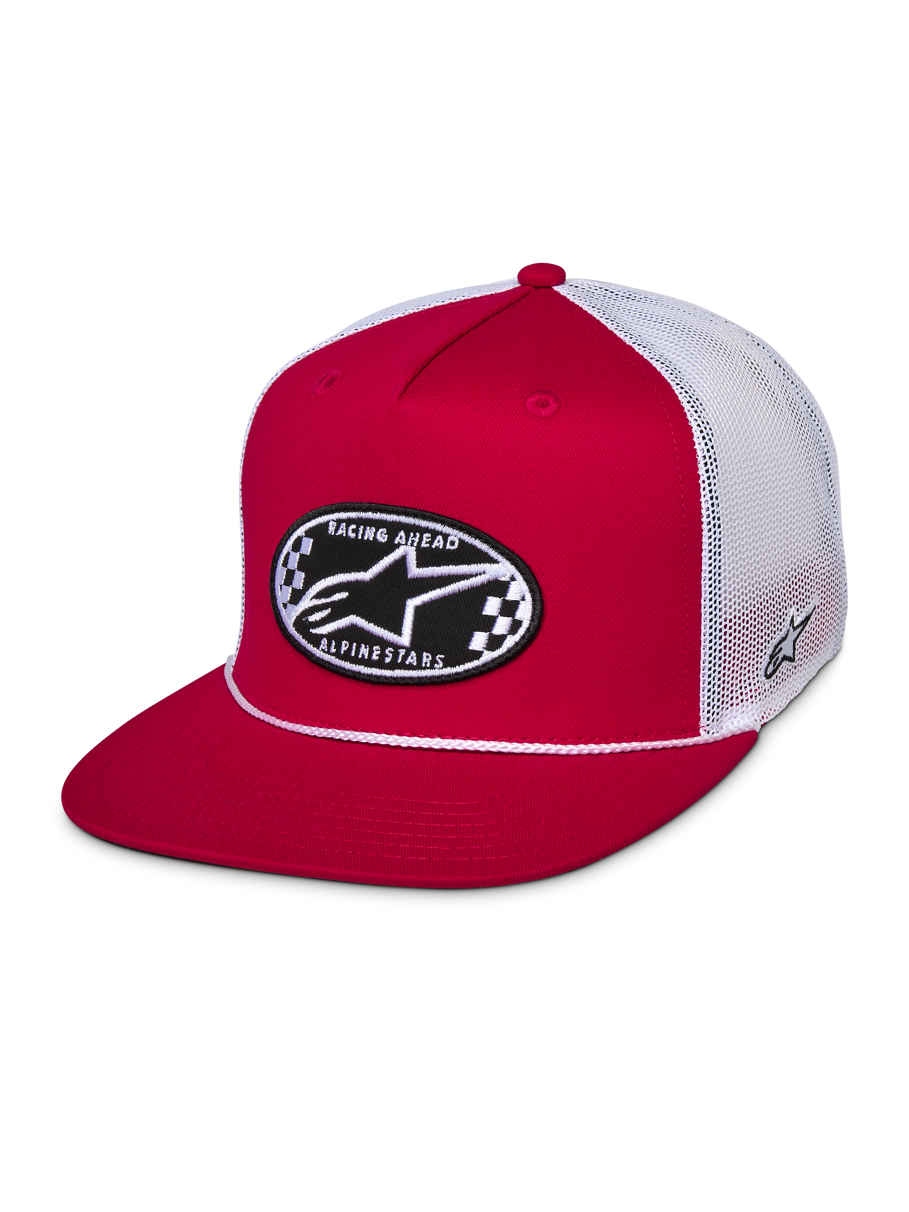Alpinestars Contender Trucker-keps, röd och vit, snapback med platt skärm och ett ovalt rutmönstrat Astars-broderat märke framtill, vit mesh-baksida, avslappnad motorsport-streetwear