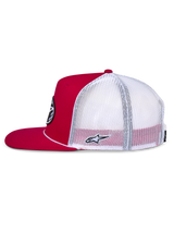 Alpinestars Contender Trucker Hat, Red and White, Side view featuring a red structured crown and flat bill with a white mesh back, small white embroidered Astars logo on the side, casual motorsport-inspired headwear