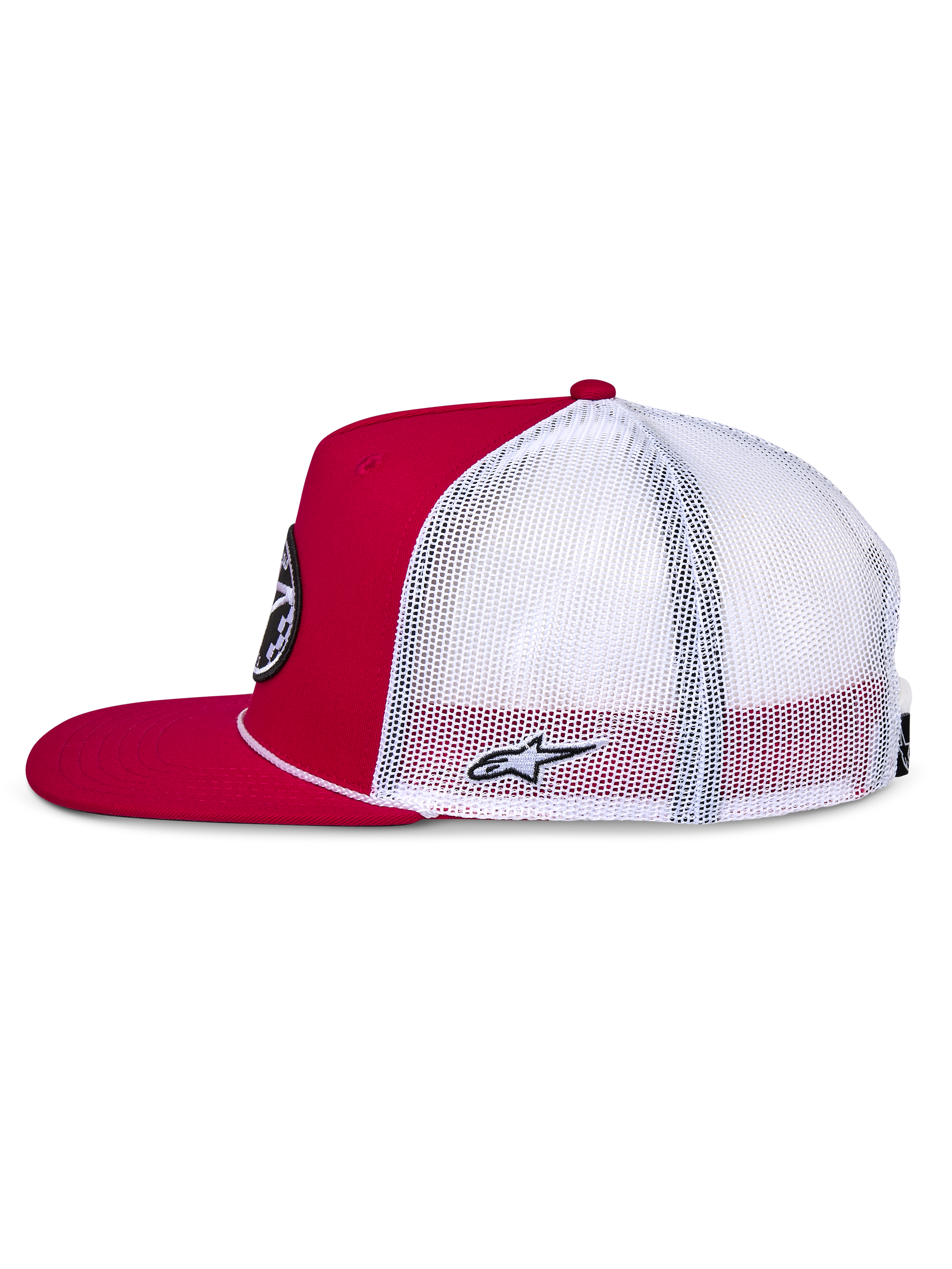 Alpinestars Contender Trucker Hat, Red and White, Side view featuring a red structured crown and flat bill with a white mesh back, small white embroidered Astars logo on the side, casual motorsport-inspired headwear