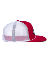 Alpinestars Contender Trucker Hat, Red and White, side profile featuring red twill front and white mesh back, flat bill with white rope accent, structured crown, casual streetwear