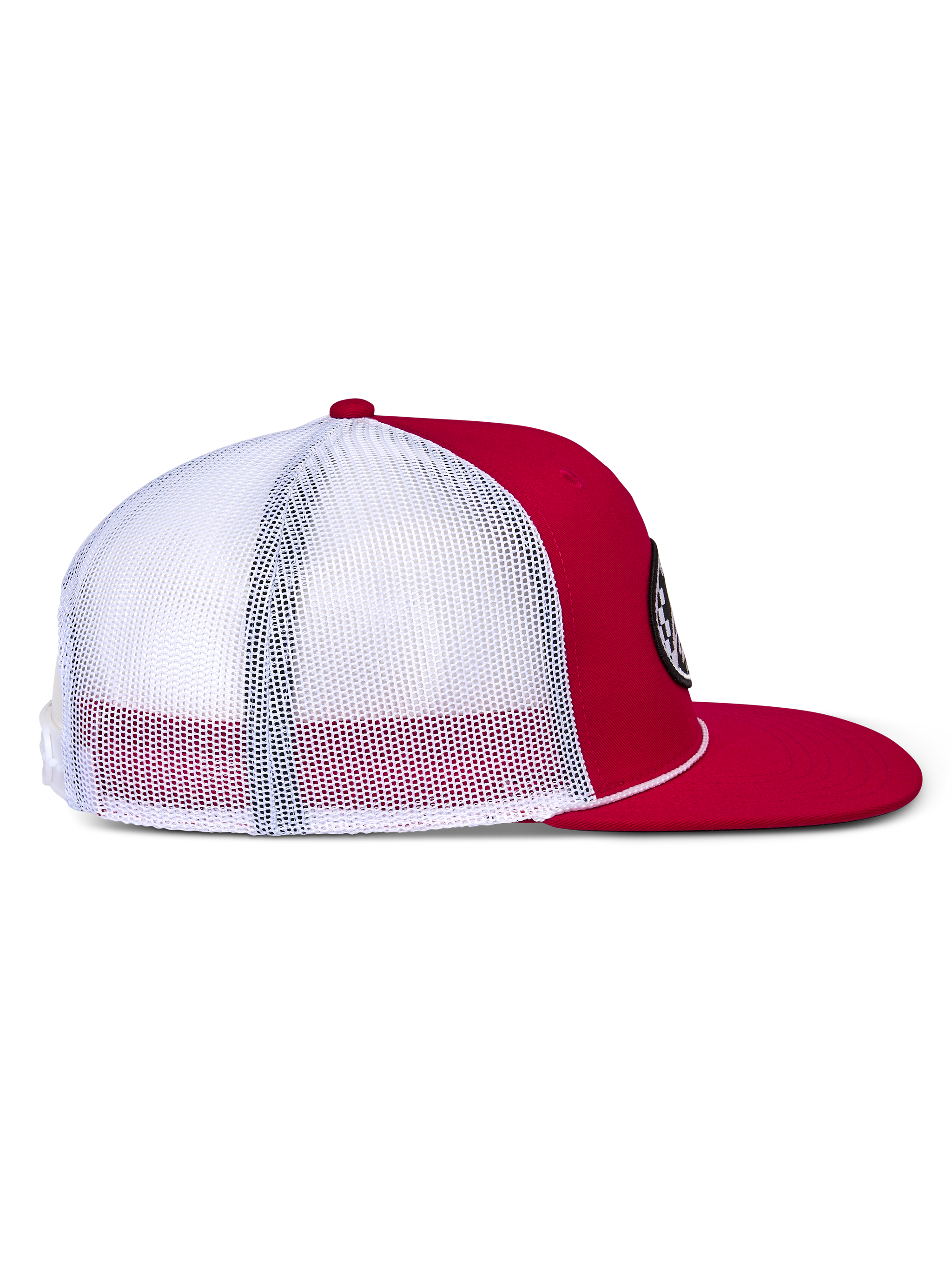 Alpinestars Contender Trucker Hat, Red and White, side profile featuring red twill front and white mesh back, flat bill with white rope accent, structured crown, casual streetwear