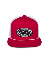 Alpinestars Contender Trucker Hat, Red and White, flat bill with white rope detail, front Astars logo checkers embroidery patch, breathable white mesh back, casual motorsport-inspired headwear