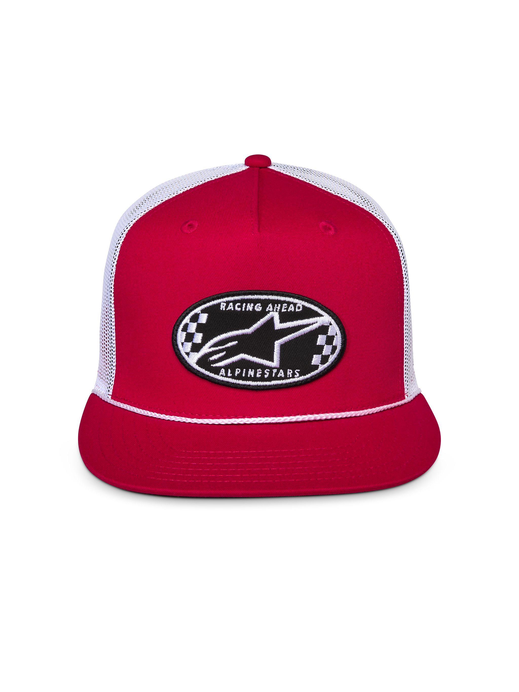 Alpinestars Contender Trucker Hat, Red and White, flat bill with white rope detail, front Astars logo checkers embroidery patch, breathable white mesh back, casual motorsport-inspired headwear