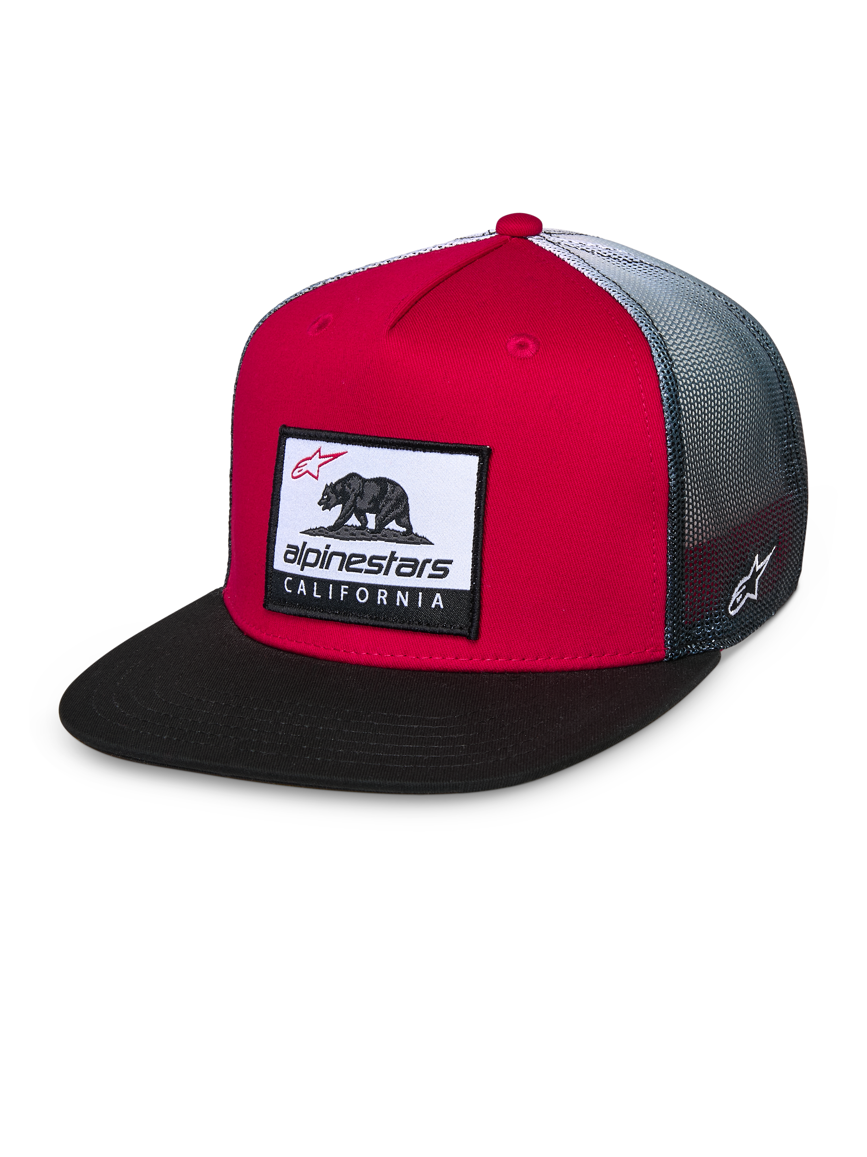 Alpinestars Cali Gradient Truckerkeps, röd, svart och vit, strukturerad röd krona med svart platt skärm, grå meshbaksida med gradient, med ett vävt Cali Bear-märke och broderad logotyp på sidan, vardaglig huvudbonad för motorsport