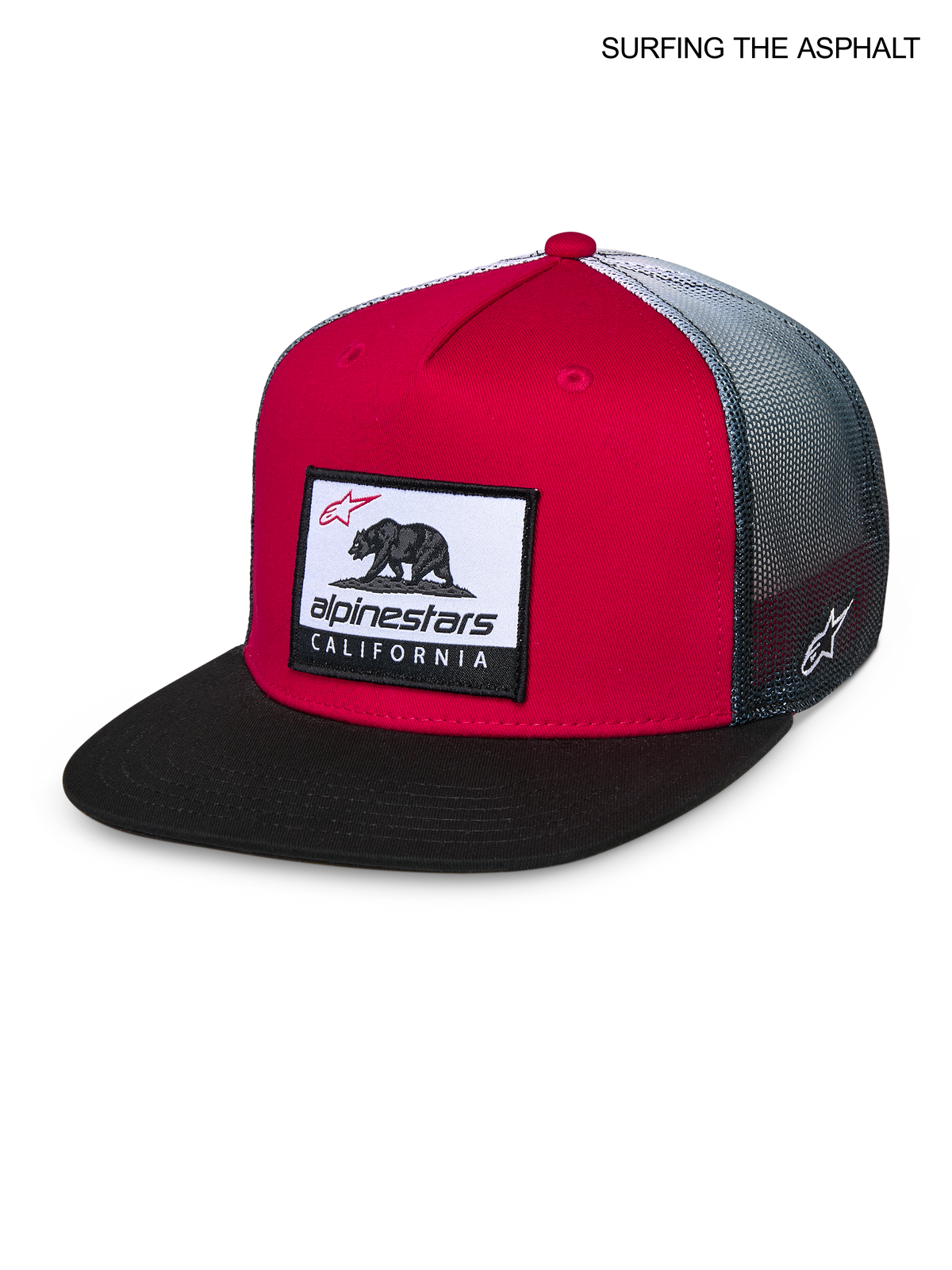 Alpinestars Cali Gradient keps, platt skärm, röd, svart och vit, med framsideficka med vävd Cali Bear-logotyp och ventilerande mesh på baksidan, framifrån