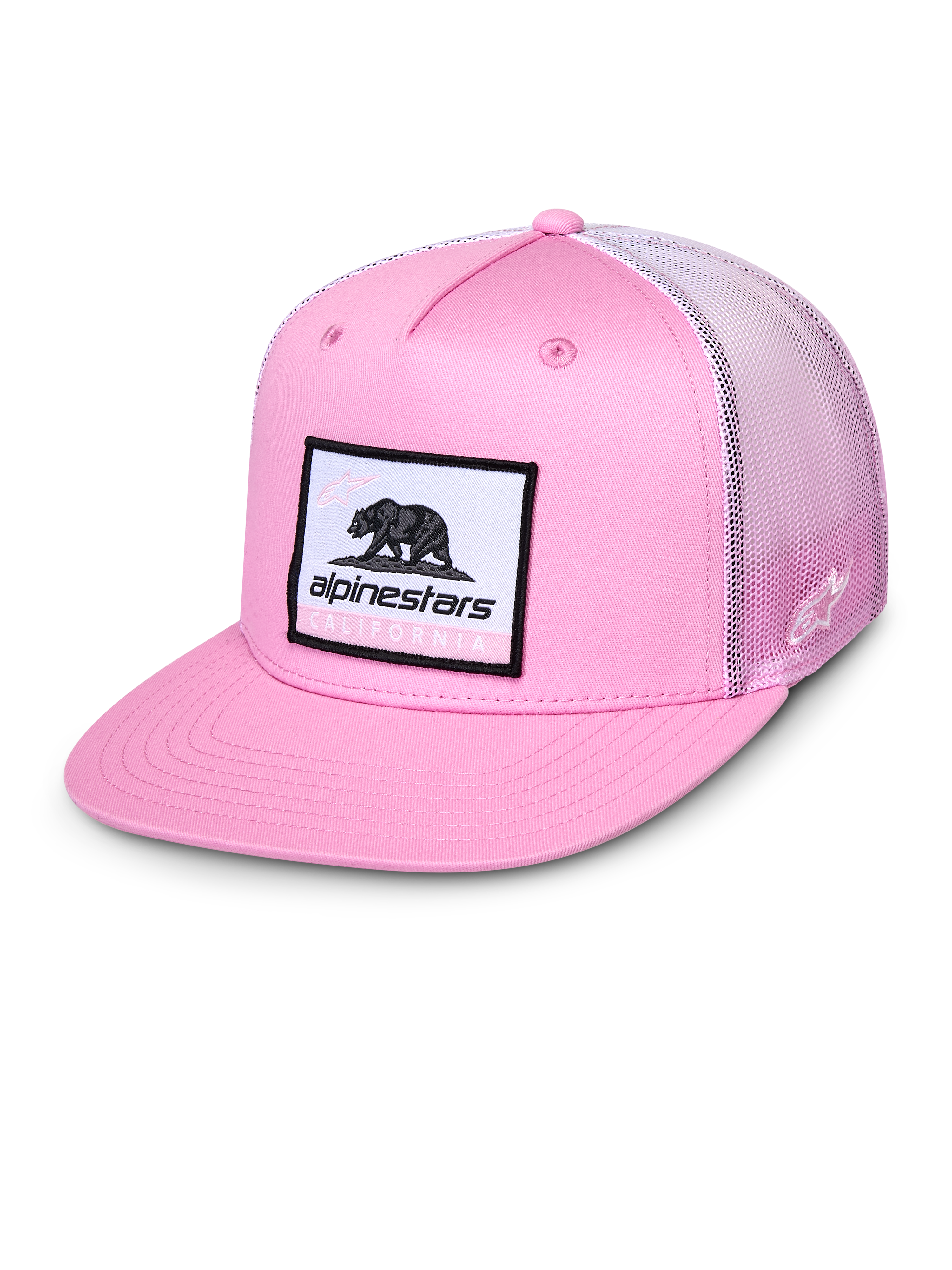 Alpinestars Cali Gradient Trucker-keps, rosa och vit, keps med platt skärm och vävd Cali Bear-patch, rosa twill framtill och gradient mesh baktill, casual sportswear