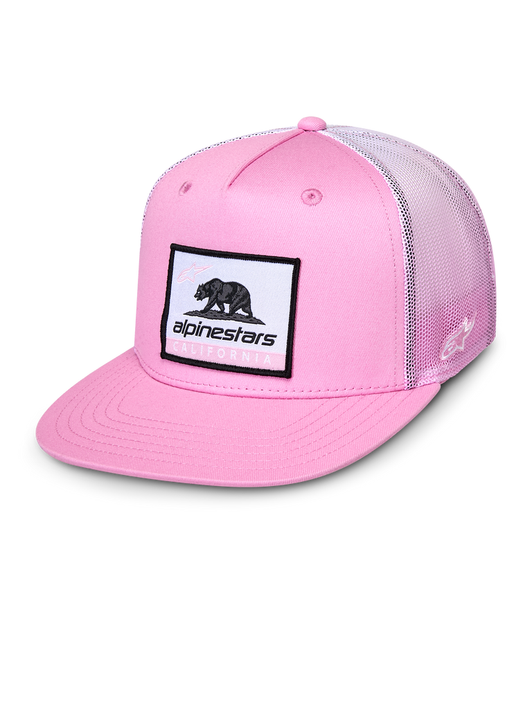 Alpinestars Cali Gradient Trucker-keps, rosa och vit, keps med platt skärm och vävd Cali Bear-patch, rosa twill framtill och gradient mesh baktill, casual sportswear
