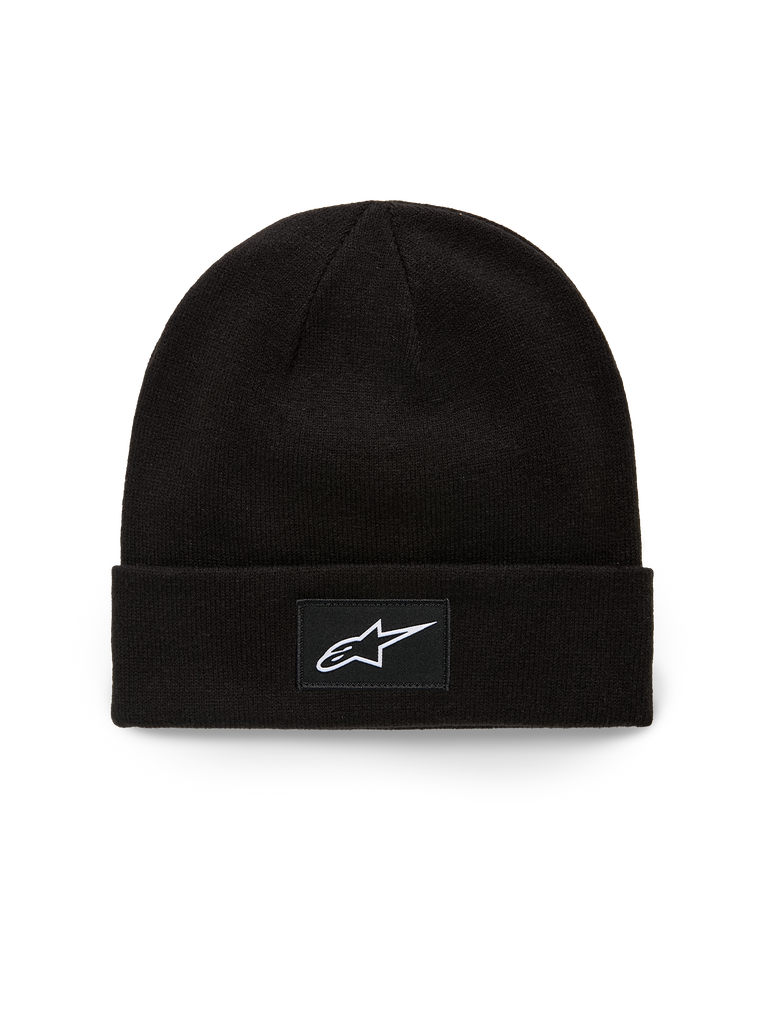 Alpinestars Augment Cuff Beanie, svart jersey-stickad mössa, med en vävd patch med vit Astars-logotyp på den uppvikta kanten, casual motorsport streetwear