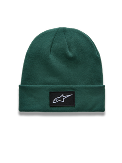 Alpinestars Augment Cuff Beanie, green knit jersey sportswear hat with a black star logo patch on the folded cuff.