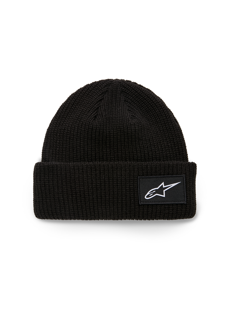 Alpinestars Unload Rib Cuff Beanie, stickad mössa, svart, med en ribbad uppvikt kant och en vit vävd Astars-logotyp patch, grund passform, avslappnade sportkläder