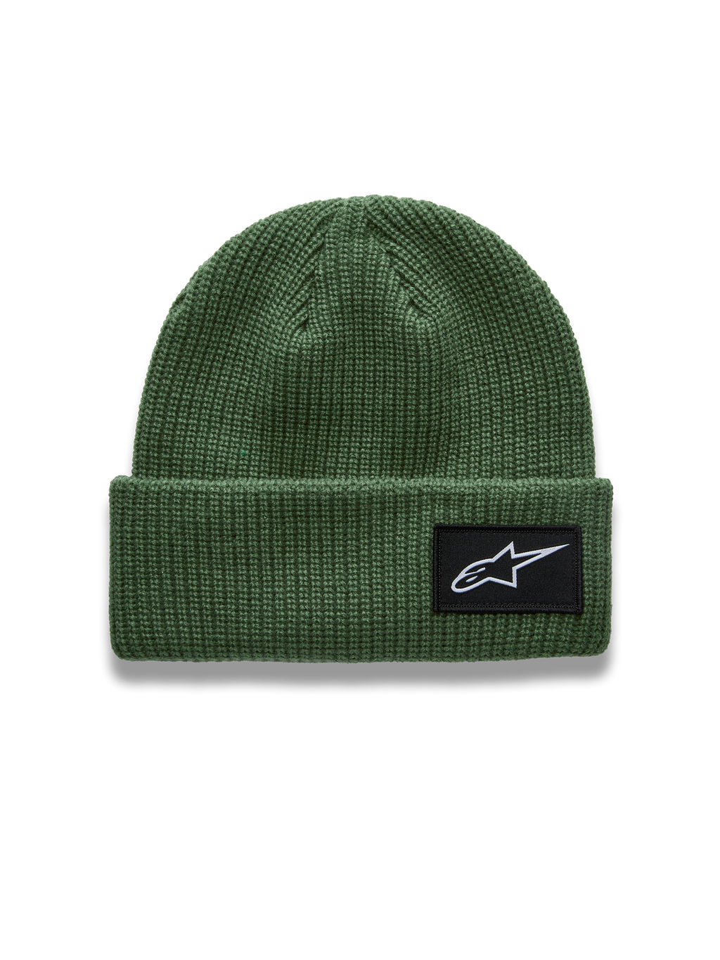 Alpinestars Unload Rib Cuff mössa, grön ribbstickad sportswear-mössa med vit Astars-logotyp på en vävd patch framtill.
