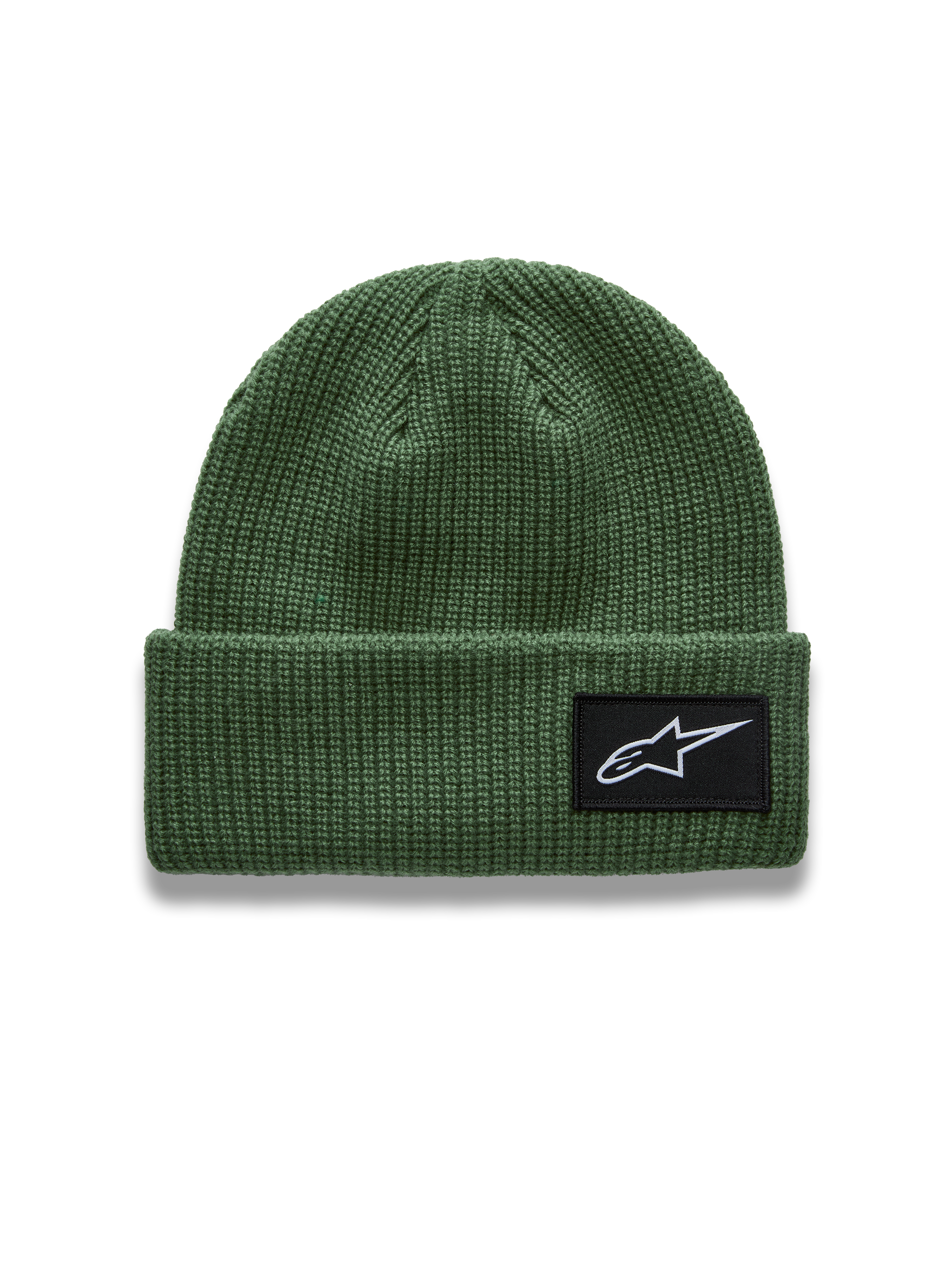 Alpinestars Unload Rib Cuff mössa, grön ribbstickad sportswear-mössa med vit Astars-logotyp på en vävd patch framtill.