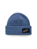Alpinestars Unload Rib Cuff-mössa, blå, stickad jerseykonstruktion, grund passform med uppvikt kant, svart vävd patch med vit Astars-logotyp, casual sportswear-mössa