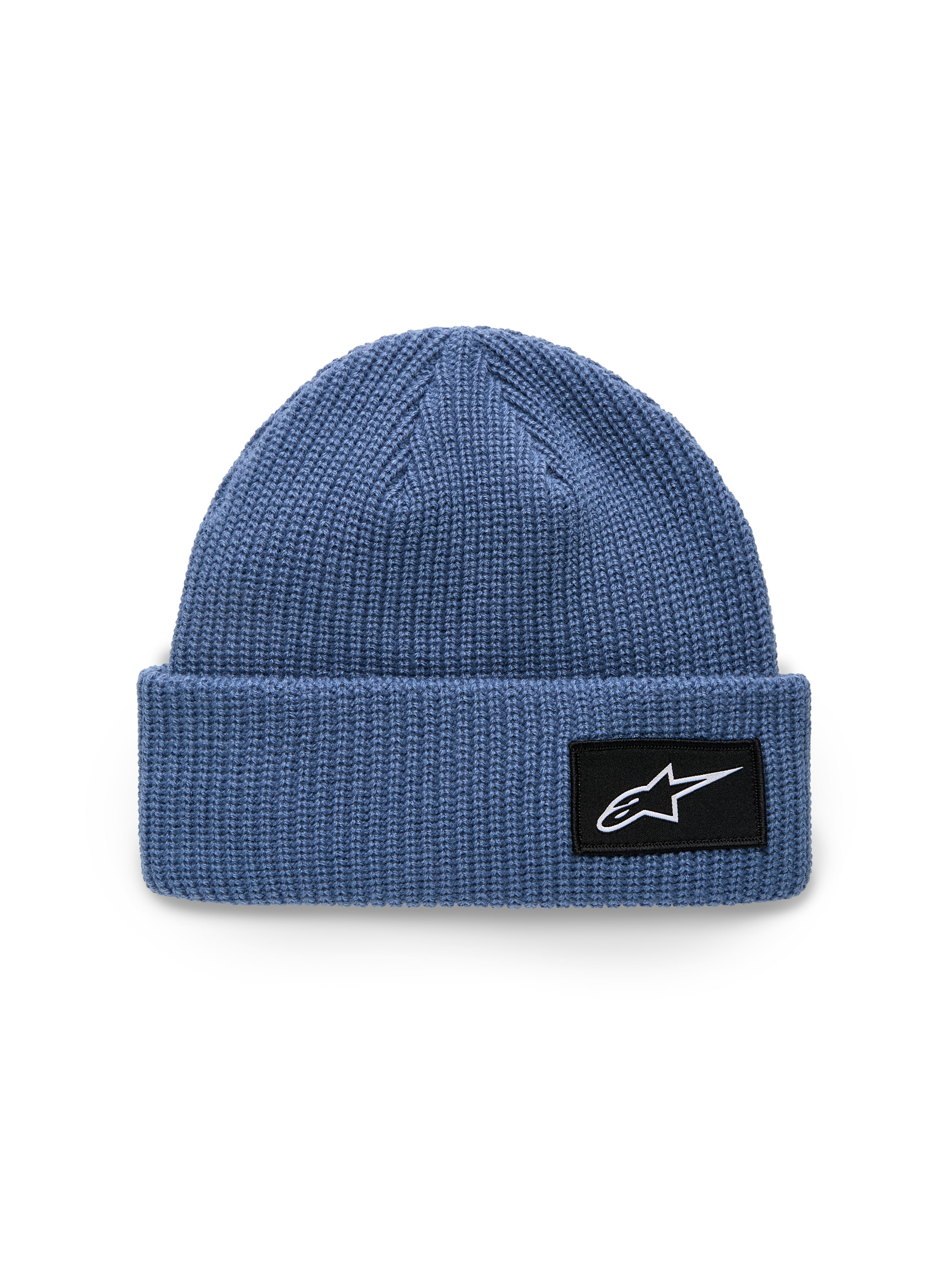 Alpinestars Unload Rib Cuff-mössa, blå, stickad jerseykonstruktion, grund passform med uppvikt kant, svart vävd patch med vit Astars-logotyp, casual sportswear-mössa