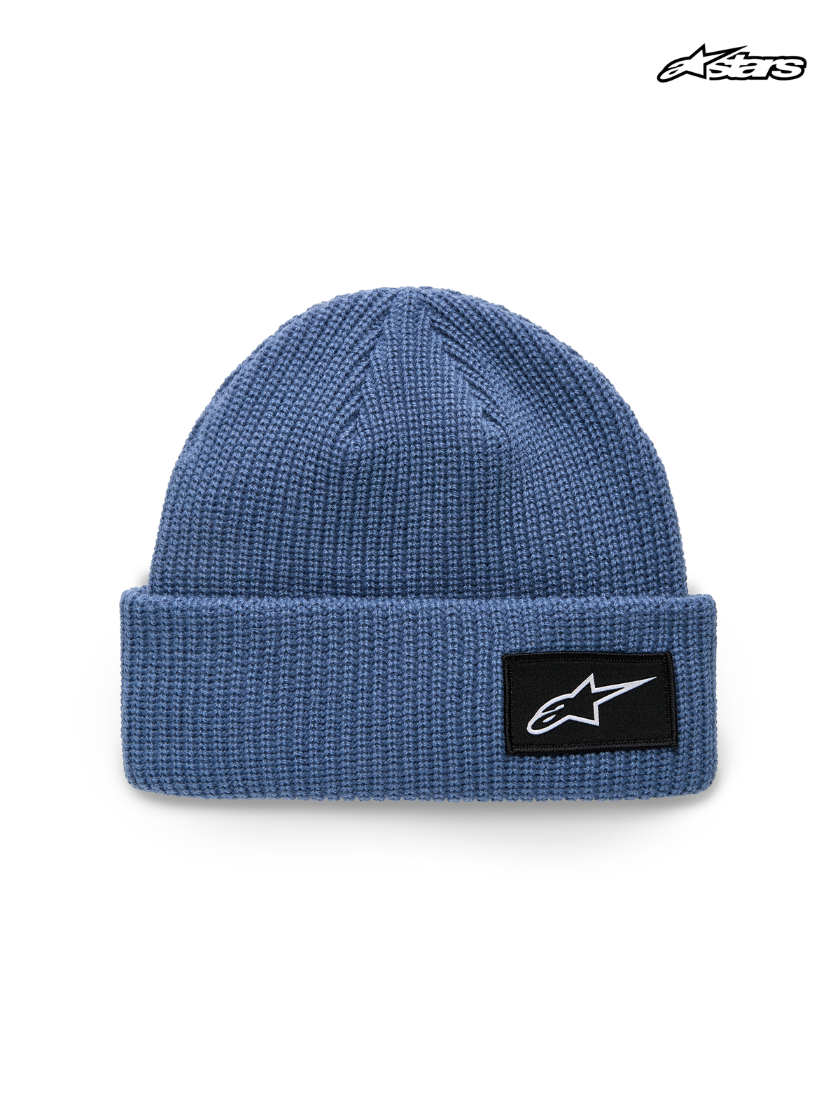 Alpinestars Unload Rib Cuff mössa, blå stickad mössa med uppvikbar kant och vävd Astars-logotyp