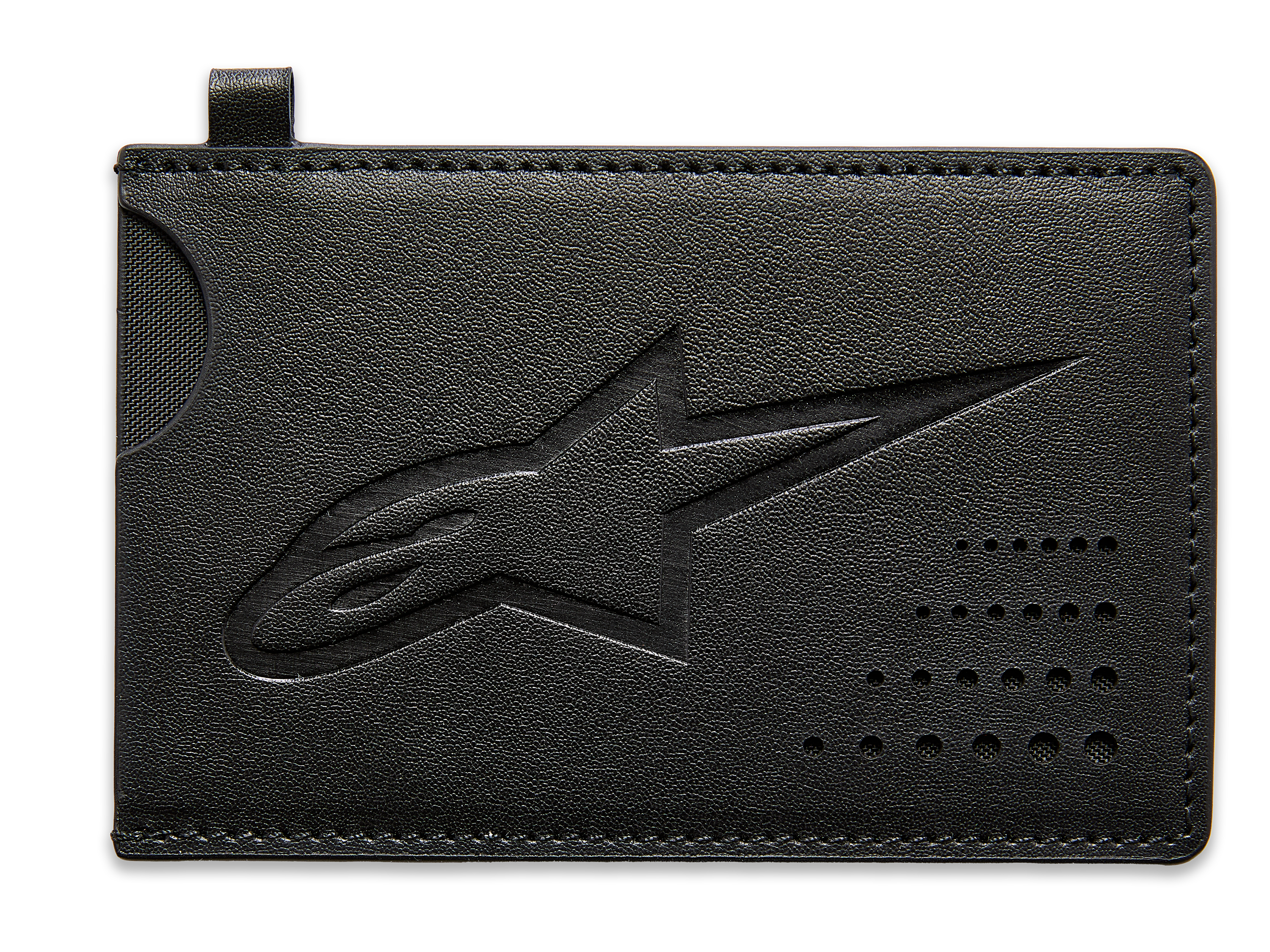 Alpinestars Ageless kreditkortshållare, svart kortfodral i delat läder, präglad Astars-logotyp, kurvat urtag för enkel åtkomst till kort, perforerade punktdetaljer, smidigt motorsport-inspirerat tillbehör