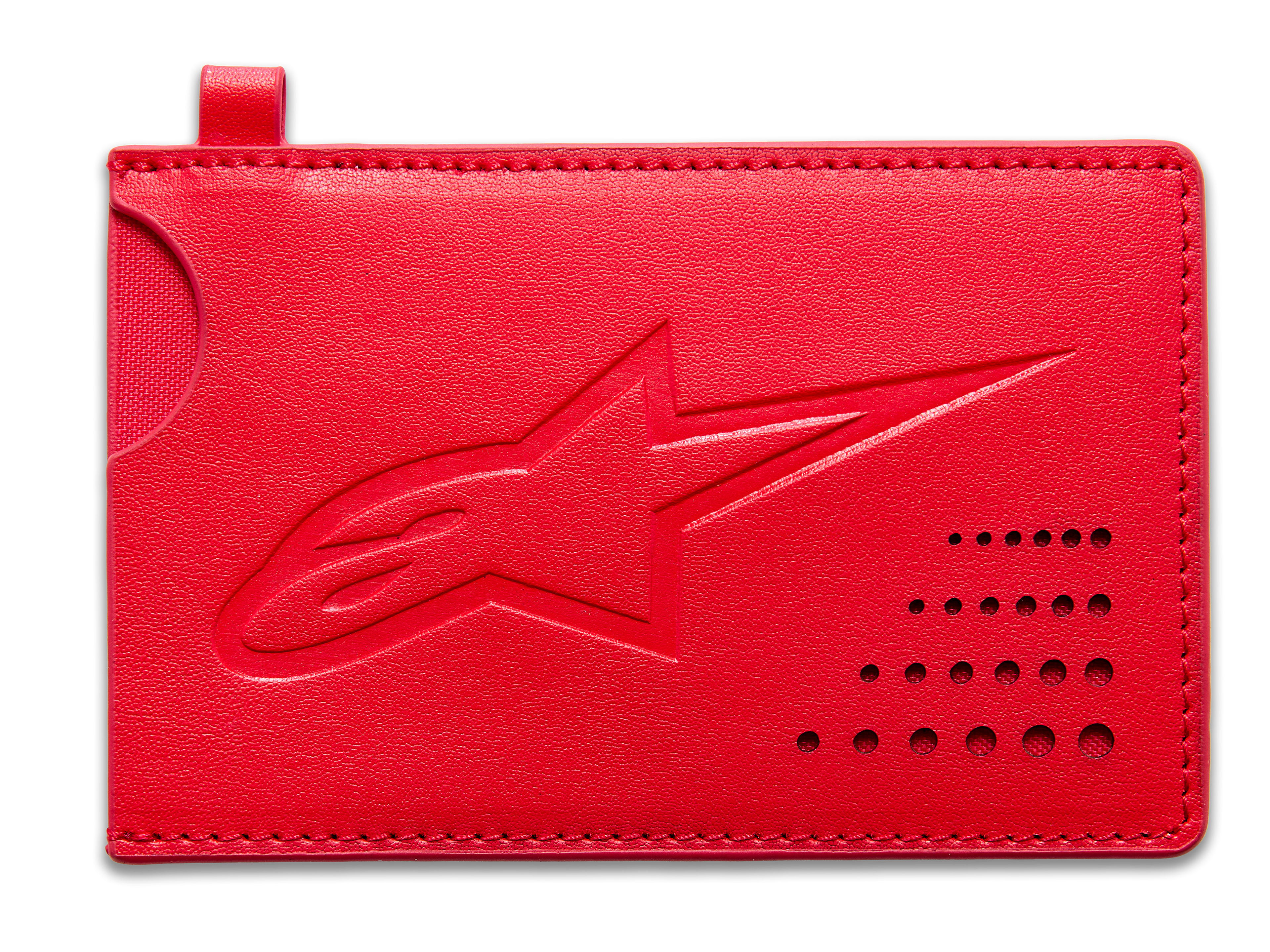 Alpinestars Ageless kreditkortshållare, röd, klassisk korthållare i delat läder, präglad Astars-logotyp, böjd skåra, perforerad hörndetalj, slimmat minimalistiskt tillbehör