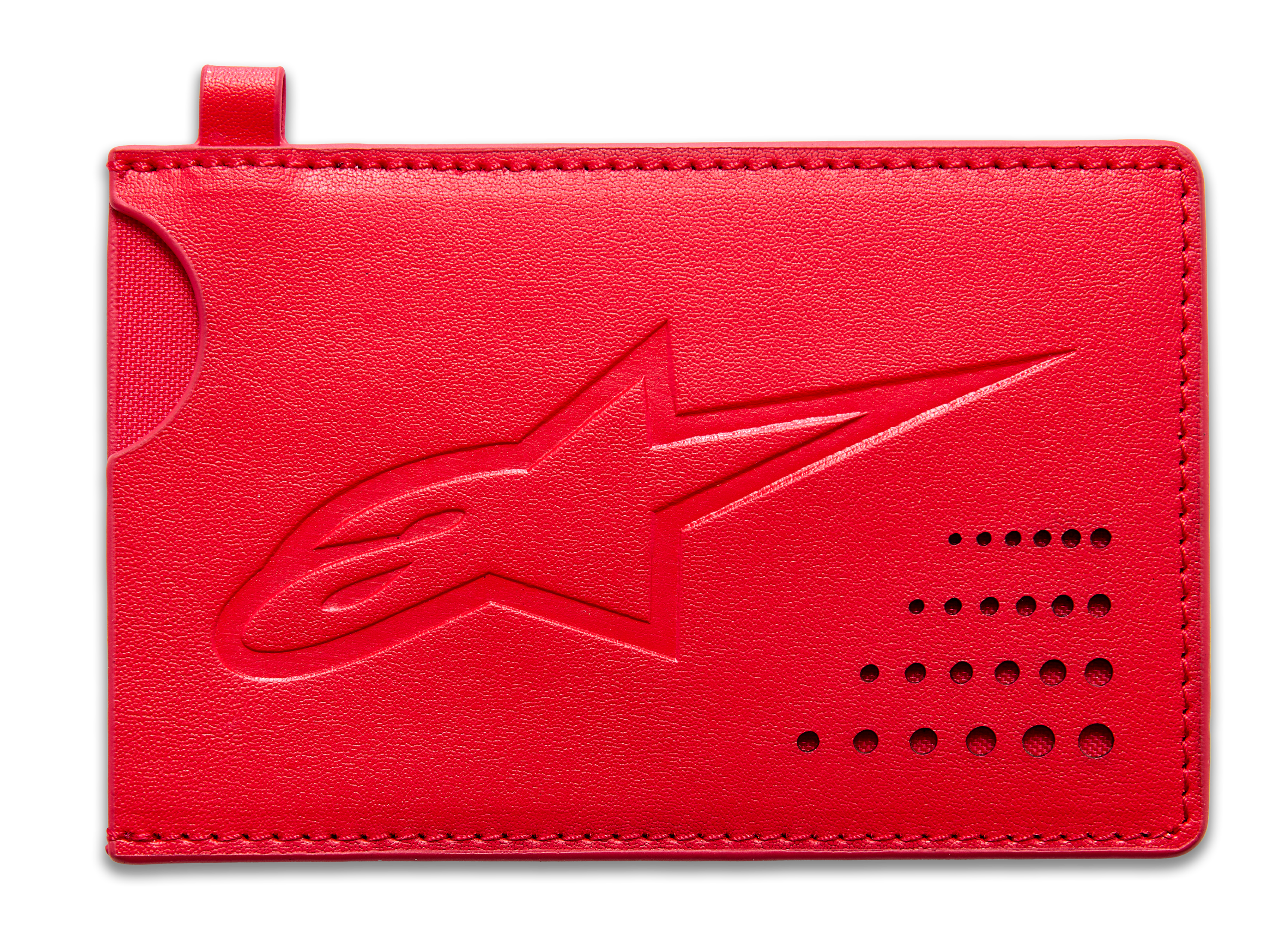 Alpinestars Ageless kreditkortshållare, röd korthållare i läder med präglad Astars-logotyp och böjd skåra för kortåtkomst.