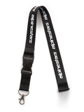 Alpinestars Linear Lanyard, Black and White, black strap with printed white Alpinestars word logo, featuring a black plastic breakaway buckle and a metal swivel hook, casual sportswear accessory