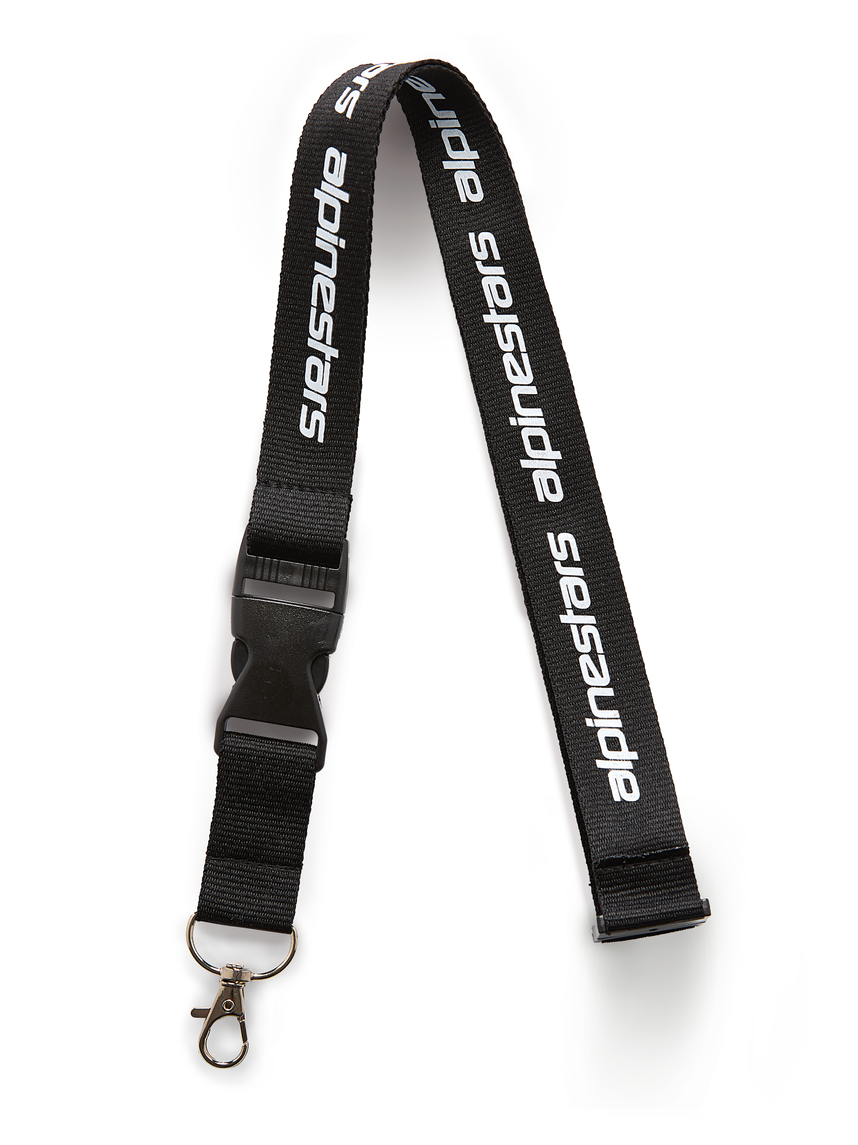 Alpinestars Linear Lanyard, Black and White, black strap with printed white Alpinestars word logo, featuring a black plastic breakaway buckle and a metal swivel hook, casual sportswear accessory