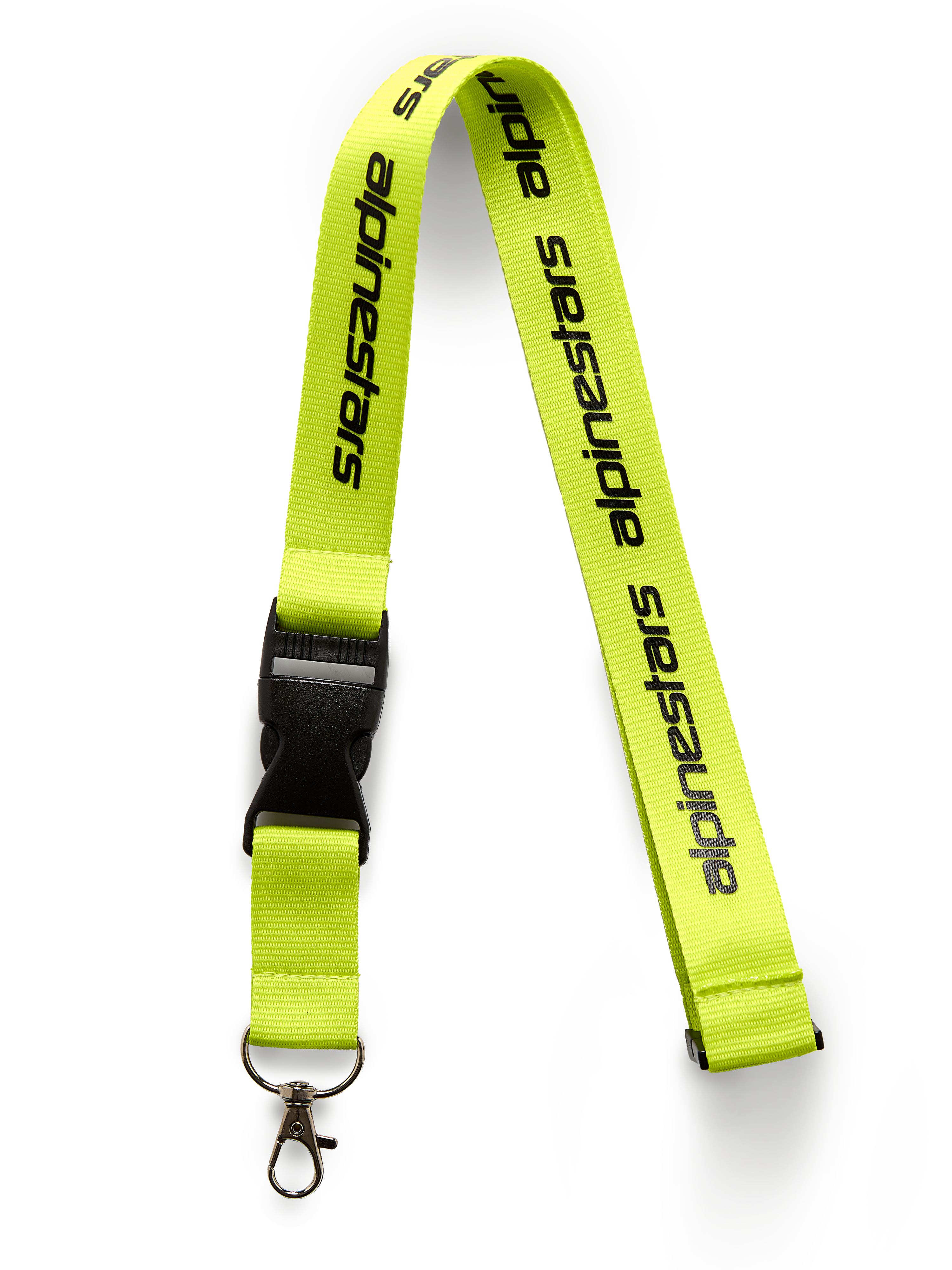 Alpinestars Linear Lanyard, Hi Vis Yellow with black printed logo, features a black breakaway plastic buckle and metal swivel clip, 20-inch polyester neck strap, motorsport-inspired accessory