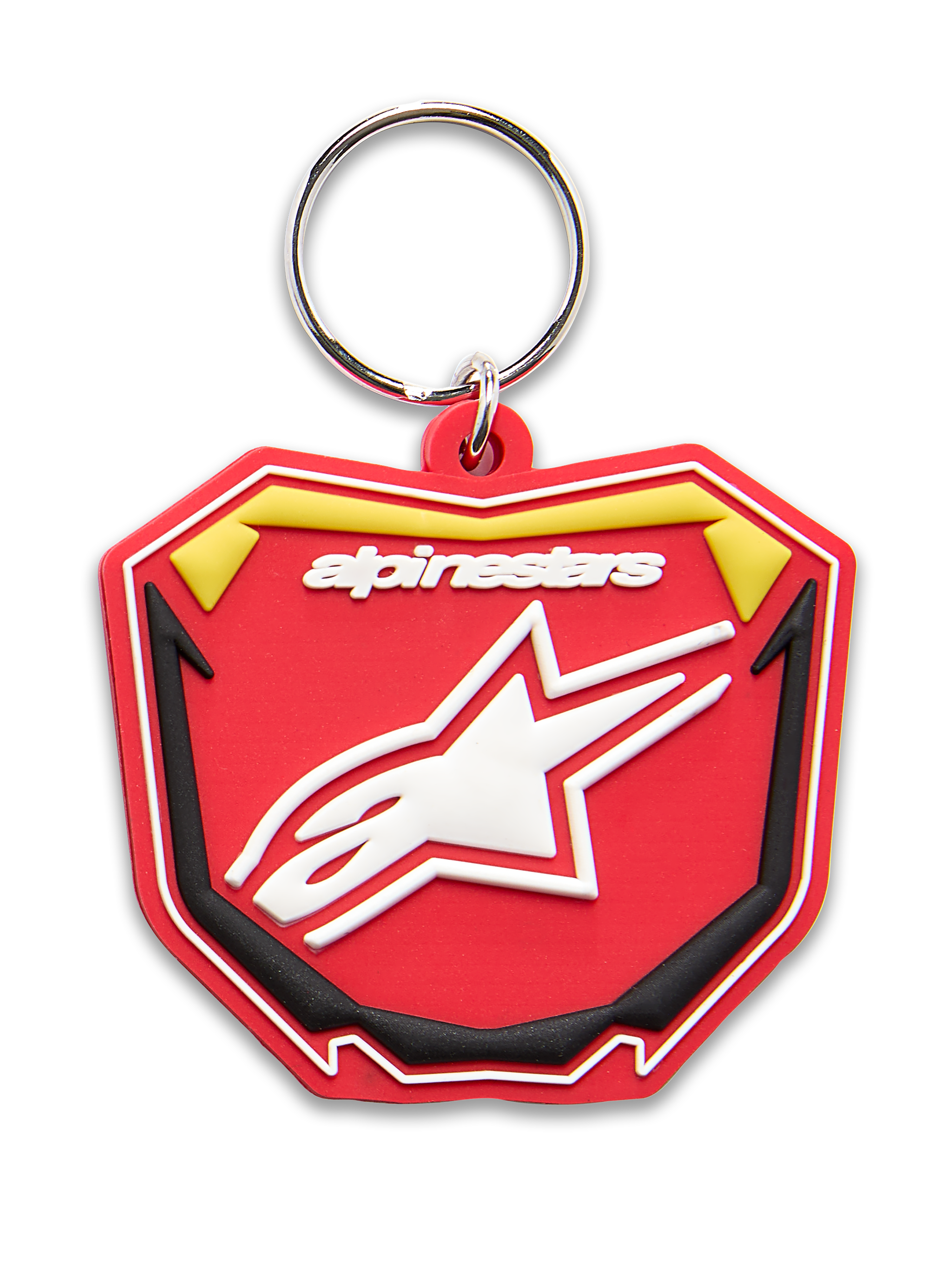 Alpinestars Plate nyckelring, 3D-formad nyckelring, röd, gul och svart, vit Alpinestars-logotyp och Astars-stjärnsymbol, silverfärgad metallsnäppring, motorsport-inspirerad MX-plattdesign