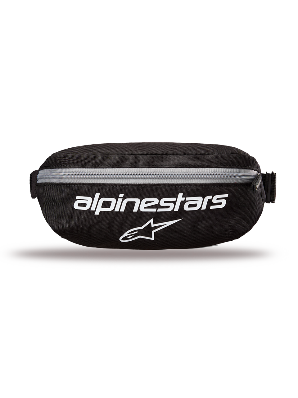 Alpinestars Only Linear höftväska, höftväska, svart med vita logotyper och grå dragkedja, vy framifrån med Alpinestars ordmärke och stjärnlogotyp, hållbar polyesterkonstruktion, kompakt midjeväska för vardagsbruk