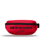 Alpinestars Only Linear höftväska, liten midjeväska, röd, har svart Alpinestars-text och stjärnlogotyp, vertikal dragkedja, hållbar 600D polyester, urban streetwear-stil
