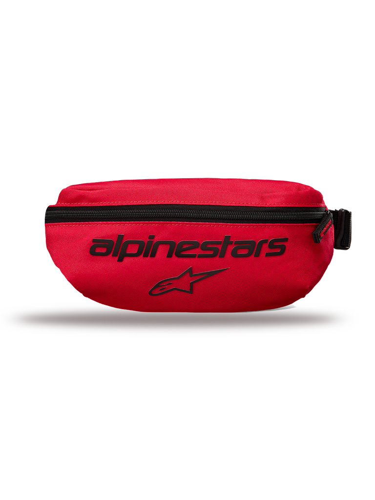 Alpinestars Only Linear höftväska, liten midjeväska, röd, har svart Alpinestars-text och stjärnlogotyp, vertikal dragkedja, hållbar 600D polyester, urban streetwear-stil