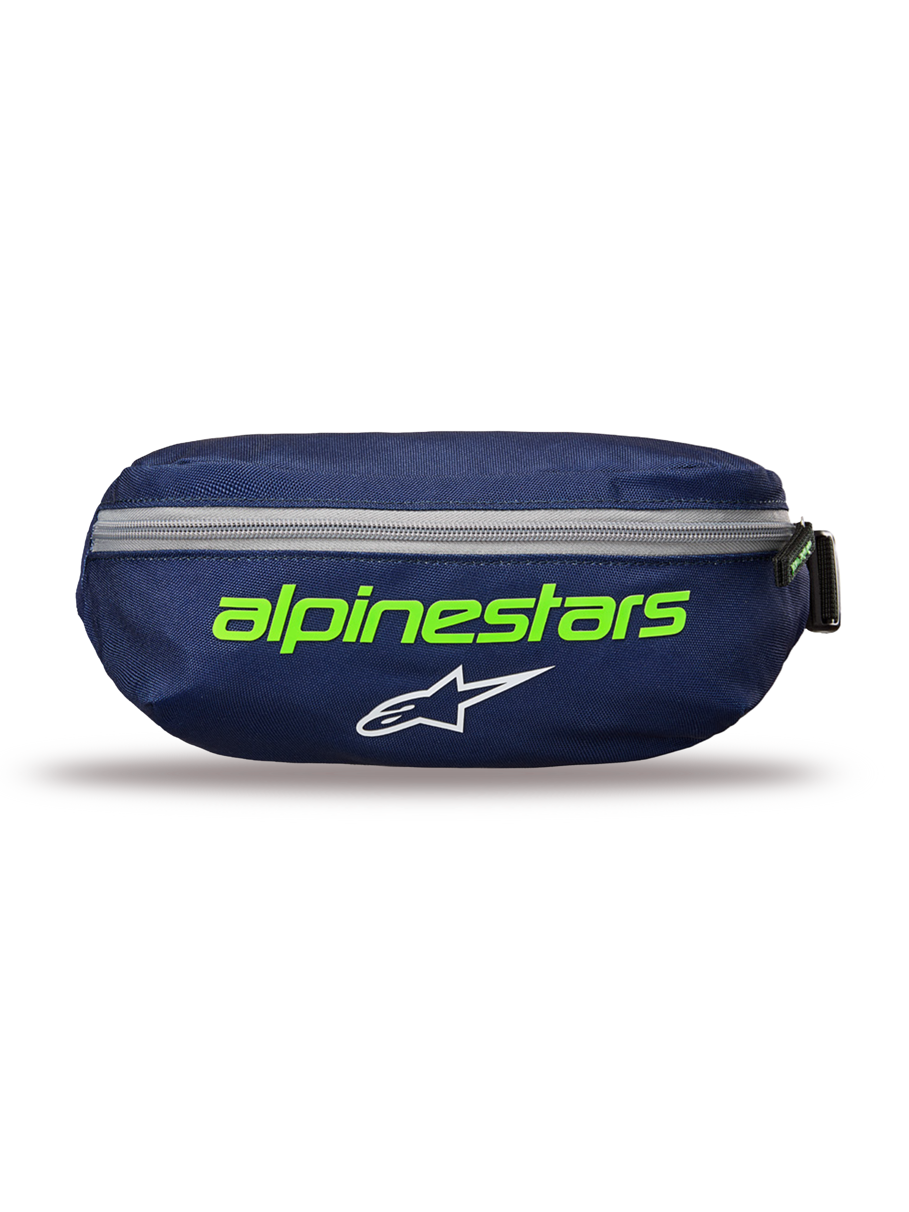 Alpinestars Only Linear Hip Bag, Navy Green höftväska, mörkblå med klargrön Alpinestars-text och vit stjärnlogotyp, horisontell grå dragkedja, hållbar polyesterkonstruktion, kompakt tillbehör för vardagsbruk.