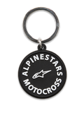 Alpinestars MX Keyfob, circular 3D molded keychain, black with white Alpinestars Motocross graphics and star logo, silver metal snap ring, durable accessory for daily use