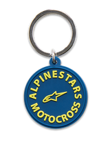 Alpinestars MX nyckelring, marinblå med gult, 3D-formad cirkulär design med gul Alpinestars Motocross-text och stjärnlogotyp, silverfärgad metallsnäppring, motorsport-inspirerad accessoar
