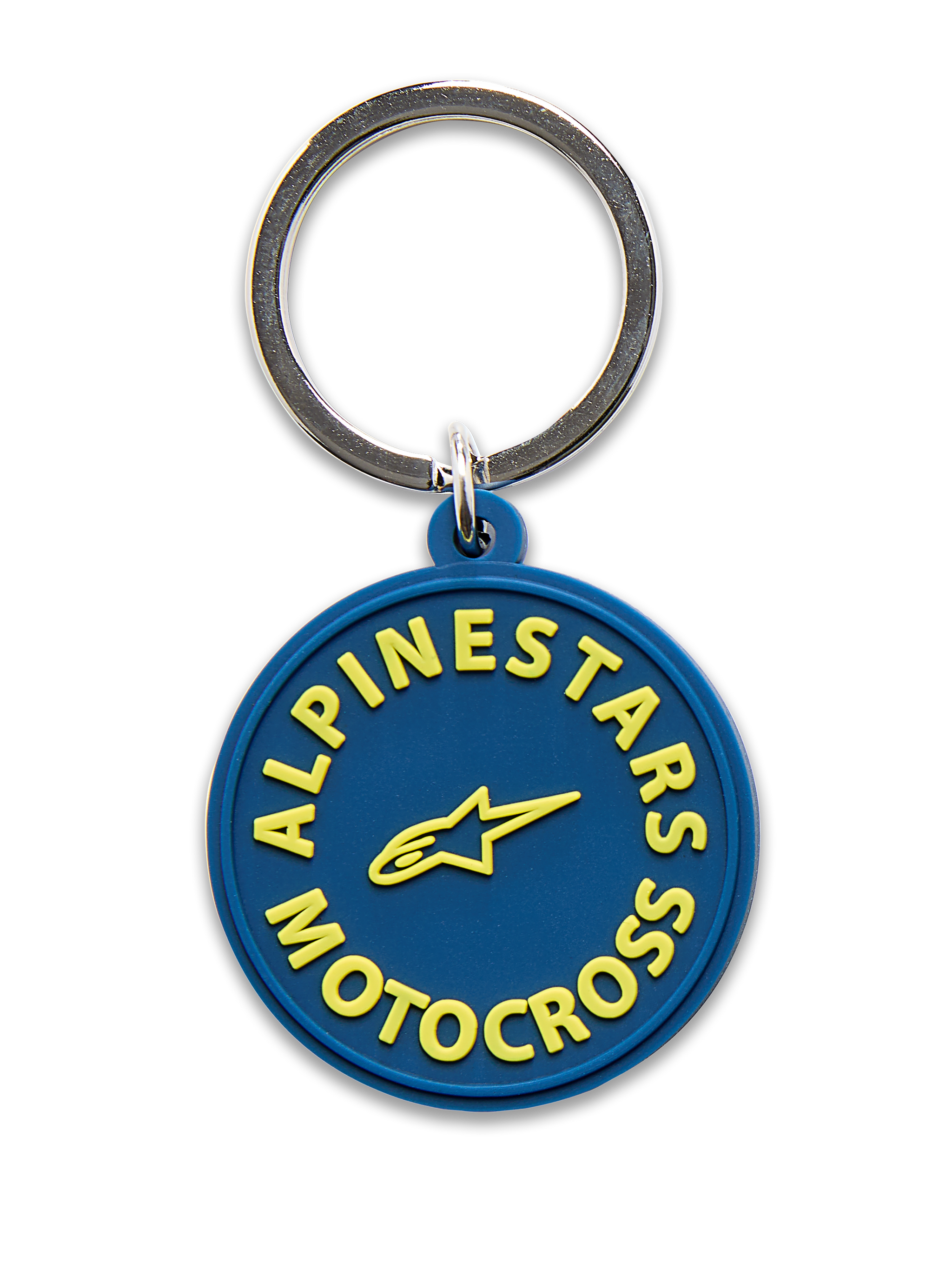 Alpinestars MX nyckelring, marinblå med gult, 3D-formad cirkulär design med gul Alpinestars Motocross-text och stjärnlogotyp, silverfärgad metallsnäppring, motorsport-inspirerad accessoar