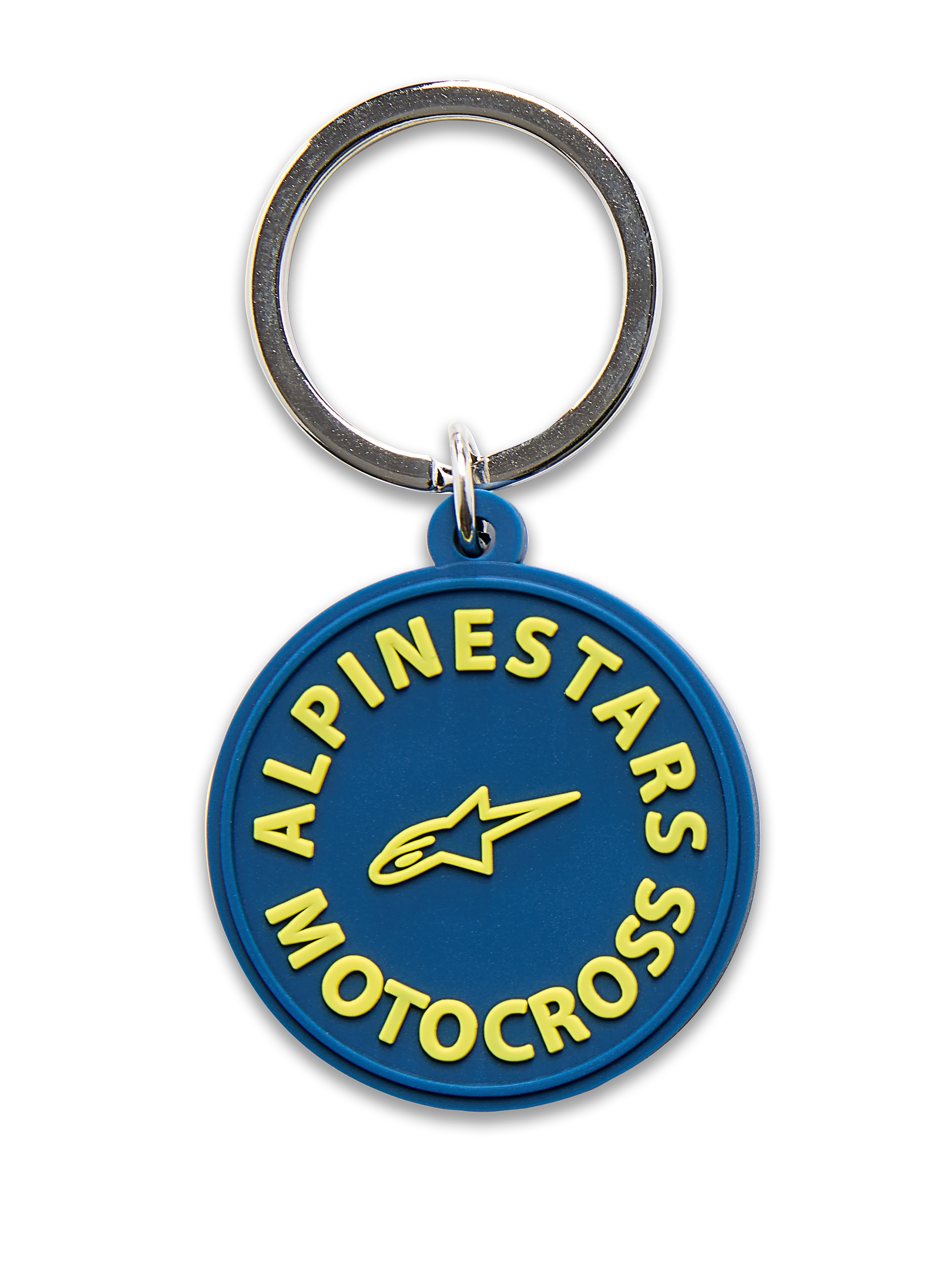 Alpinestars MX nyckelring, marinblå med gult, 3D-formad cirkulär design med gul Alpinestars Motocross-text och stjärnlogotyp, silverfärgad metallsnäppring, motorsport-inspirerad accessoar